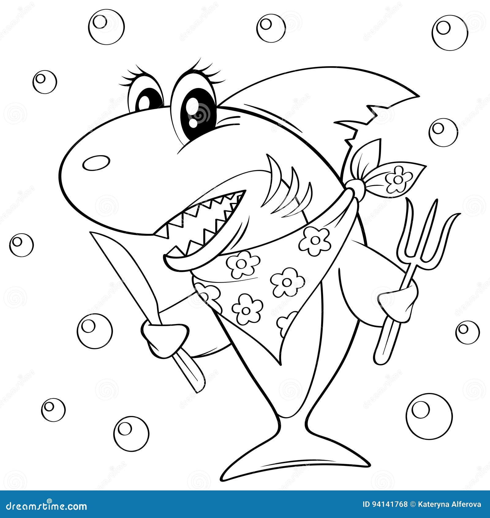 Netter Karikaturhaifisch Mit Gabel Und Messer Schwarzweiss Vektorillustration Fur Malbuch Vektor Abbildung Illustration Von Fauna Childish