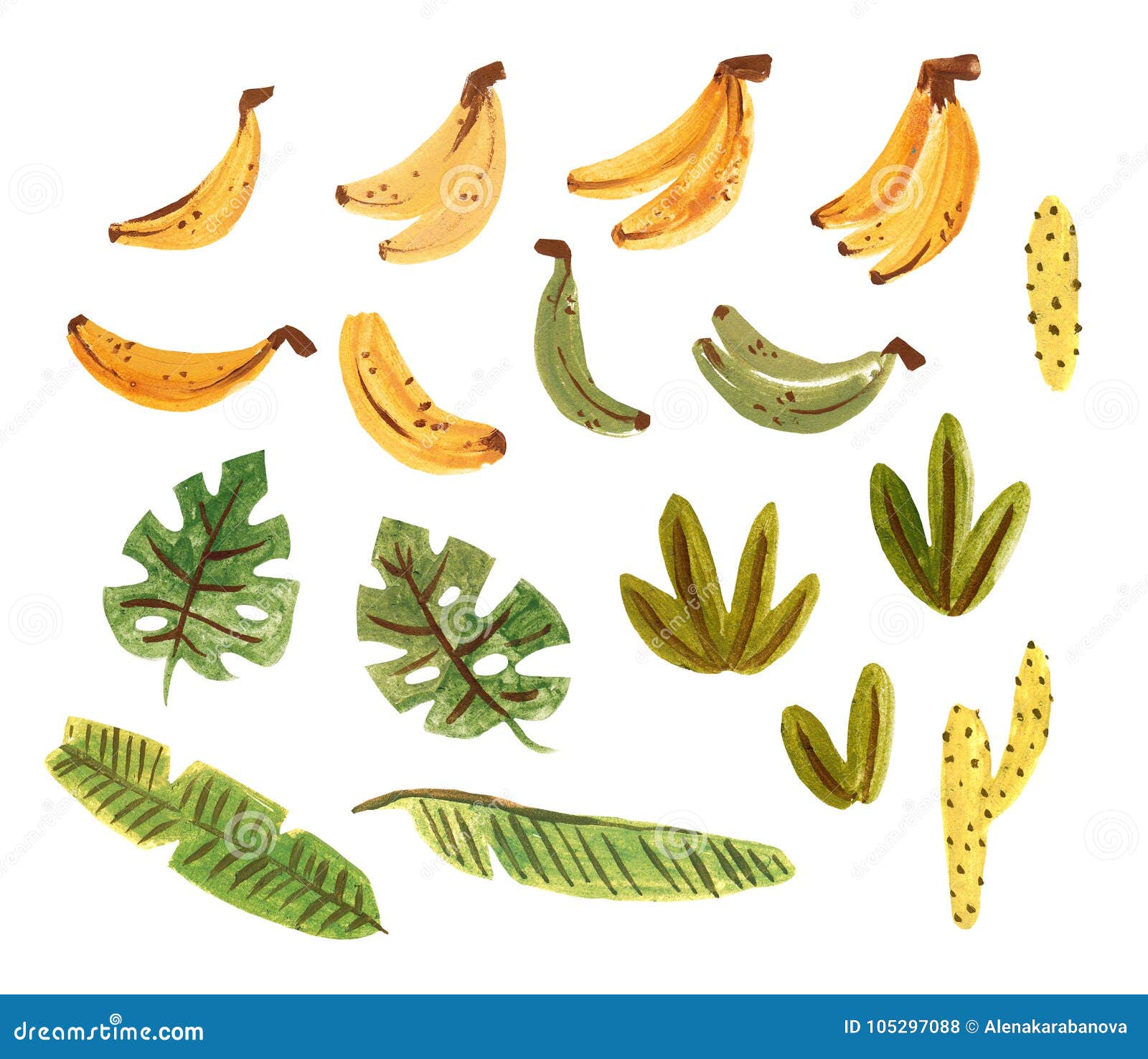Netter Tropcal Satz Mit Bananen Kakteen Und Blattern Lokalisiert Auf Den Weissen Hintergrundelementen Die In Der Gouache Malen Stock Abbildung Illustration Von Bananen Gouache