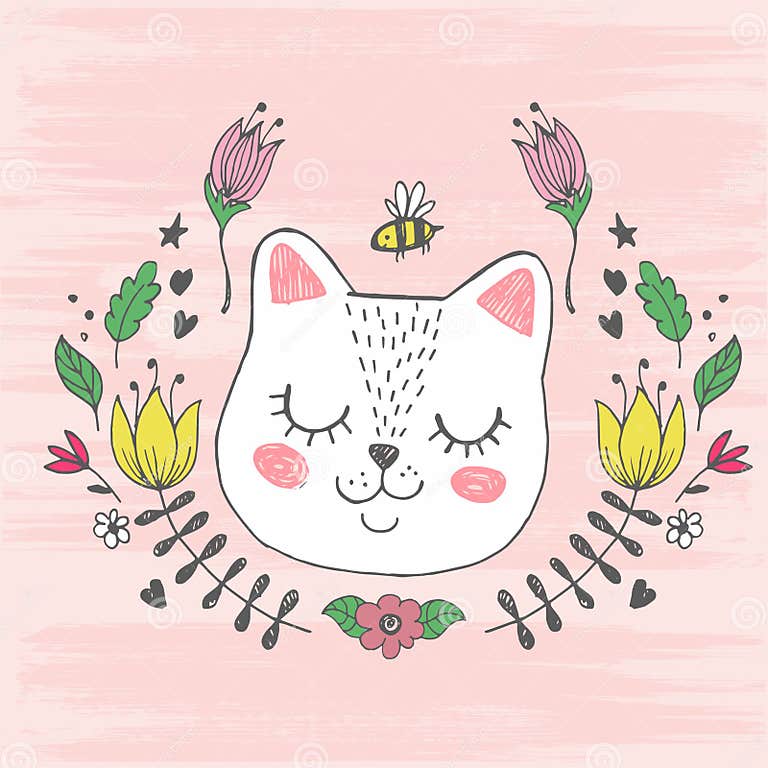 Nettes Kawaii Katzengesicht Mit Biene, Blumen Dieses Ist Datei Des