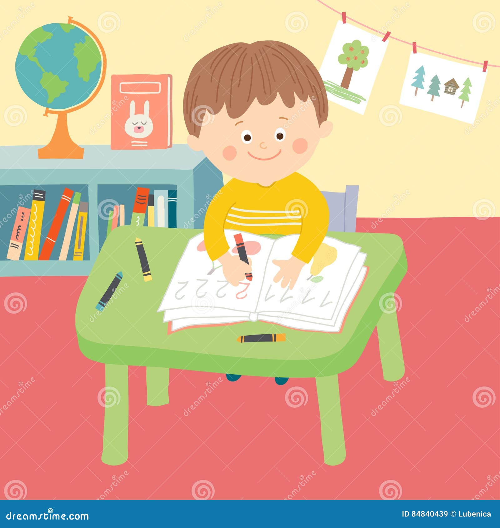 Nettes Kind Im Schulklassenzimmer Das Am Schreibtisch Und Am Schreiben Sitzt Stock Abbildung Illustration Von Schreibtisch Kind