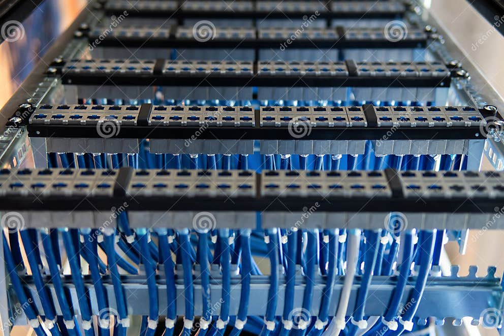 Network Cable on a Network HUB. Lan Cable Management Stock Image