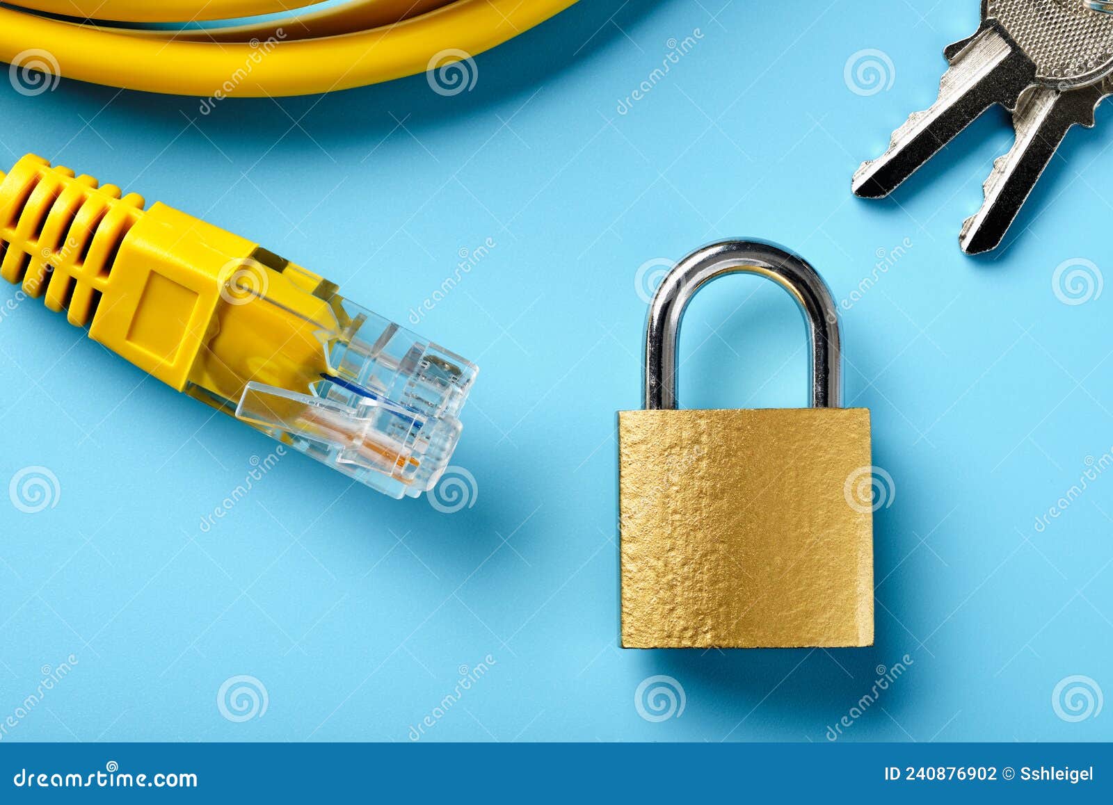 Network Cable and Padlock with Keys Cyber Security Concept Stock