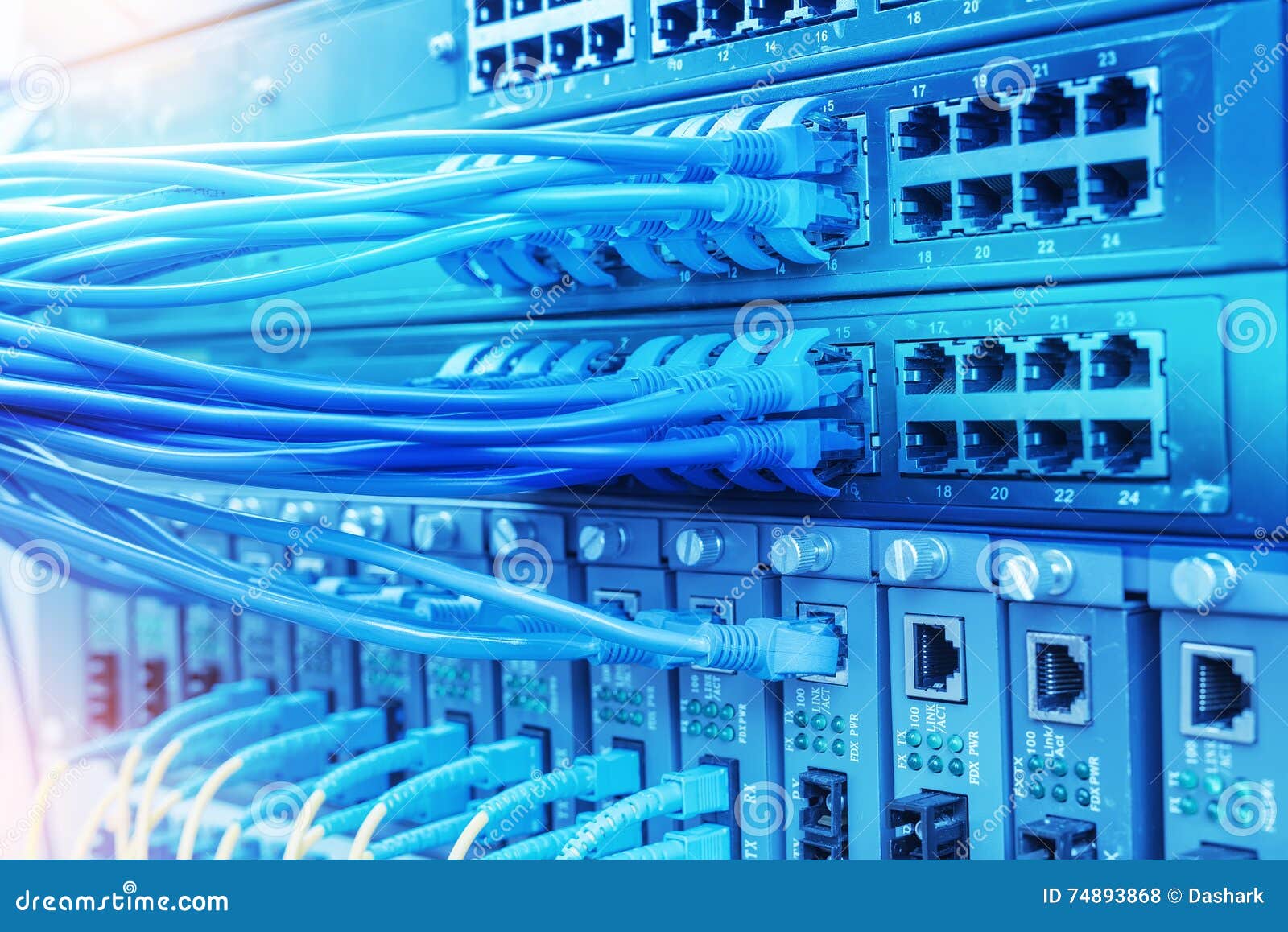Network Cables and Hub Closeup with Fiber Optical Stock Photo Image