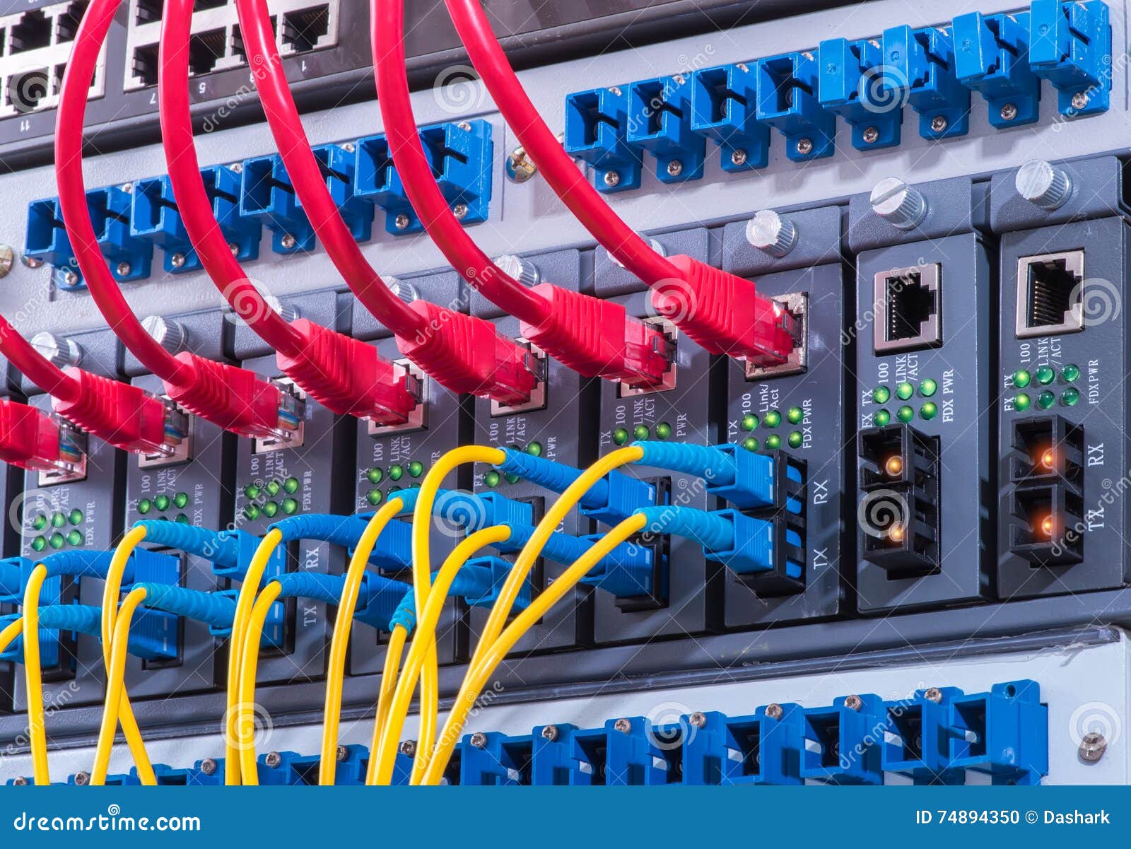 Network Cables and Hub Closeup with Fiber Optical Stock Photo Image