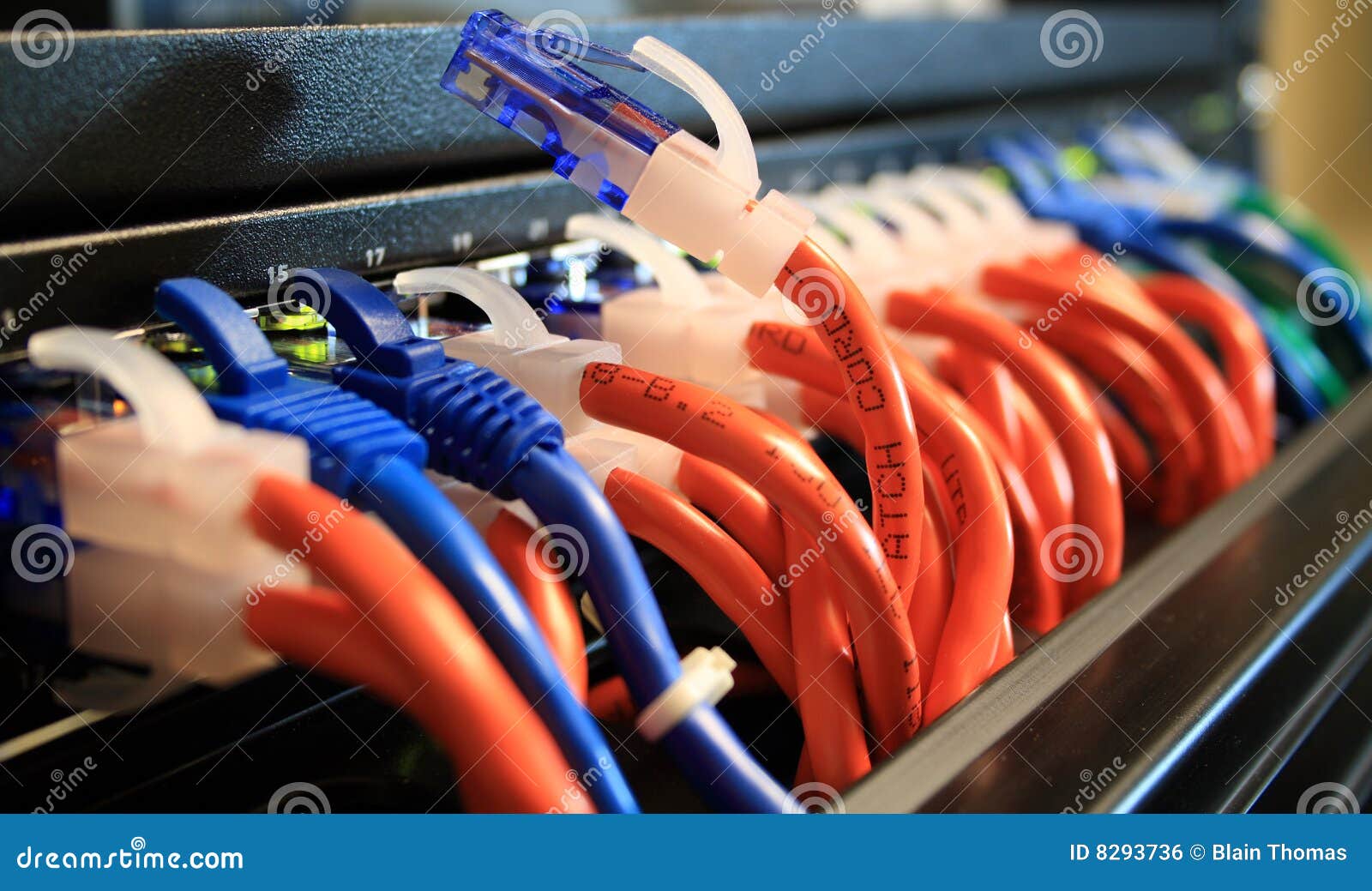 network cables in a server room with one unplugged