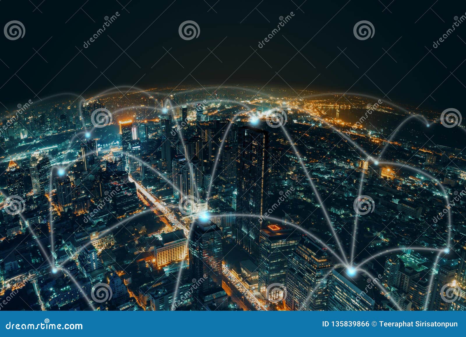 network and connection technology night city background at business center bangkok thailand. wireless skyline connection with