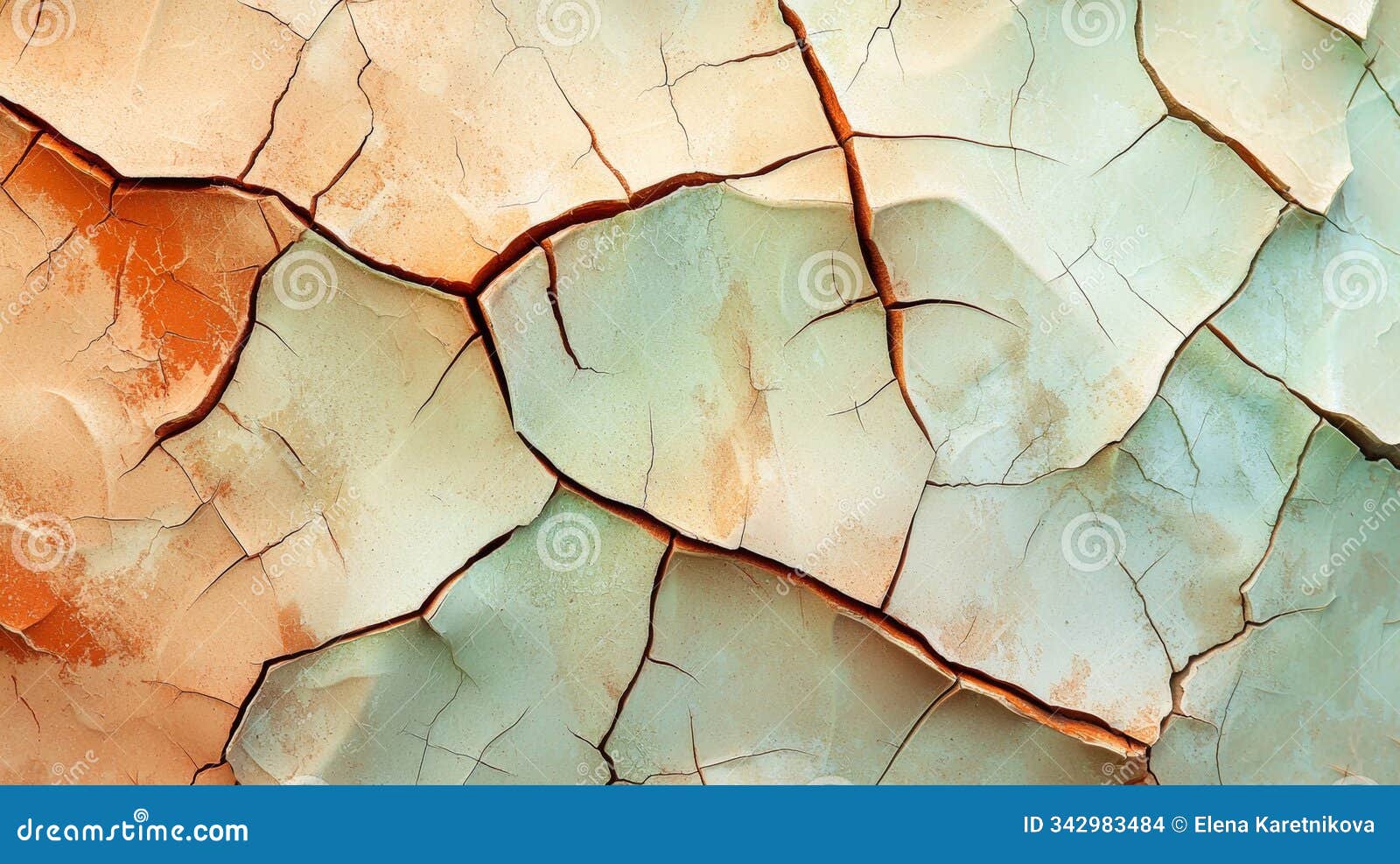 network of cracks spreading across a painted surface, revealing layers of color and texture beneath, evoking a sense of