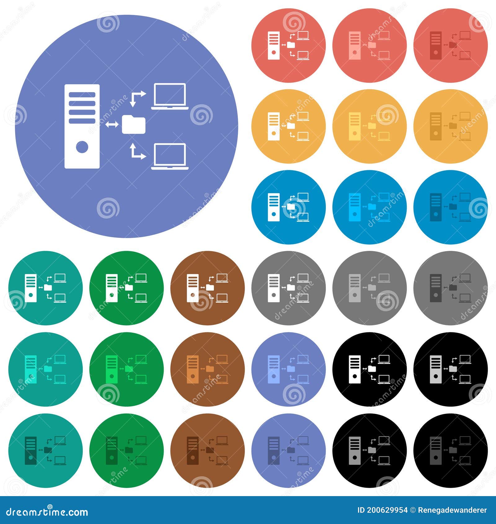 network file system with server round flat multi colored icons