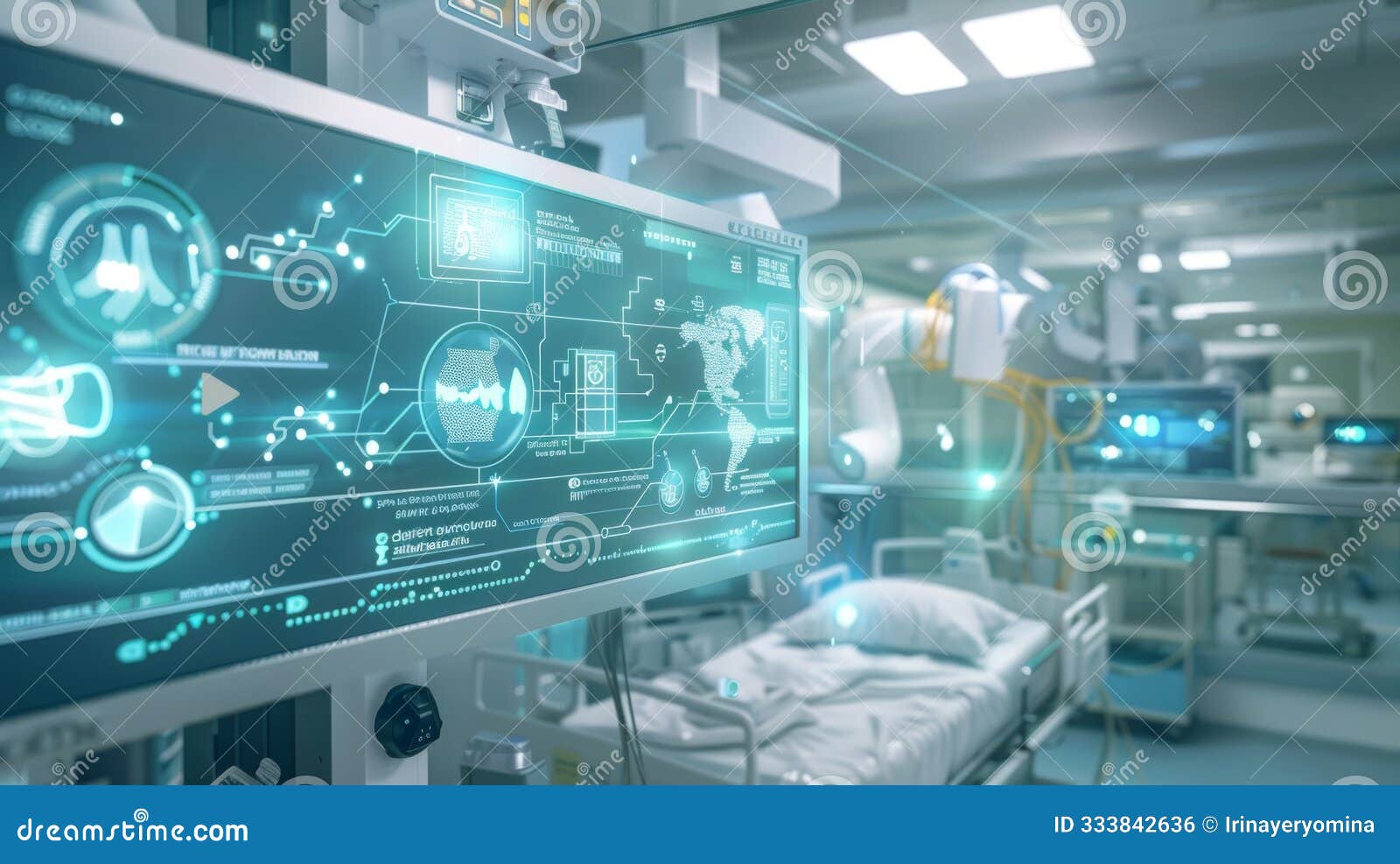 a network of medical devices and ai systems visualizing real-time data analytics in an intensive care unit