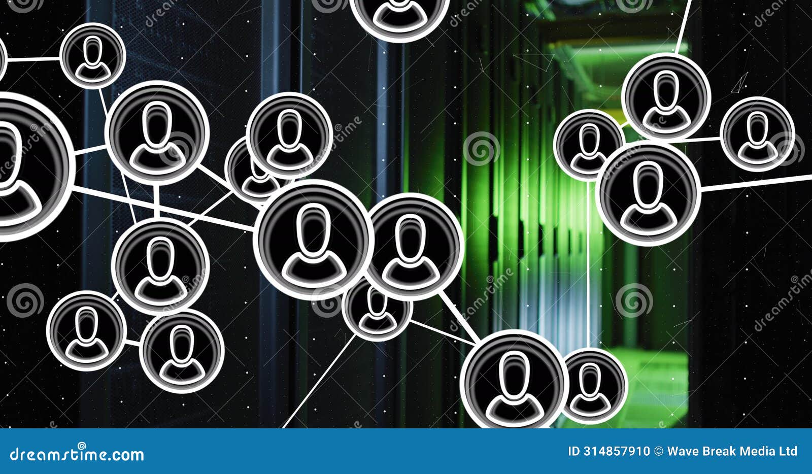 network of people icons moving over green lit, dark computer server room