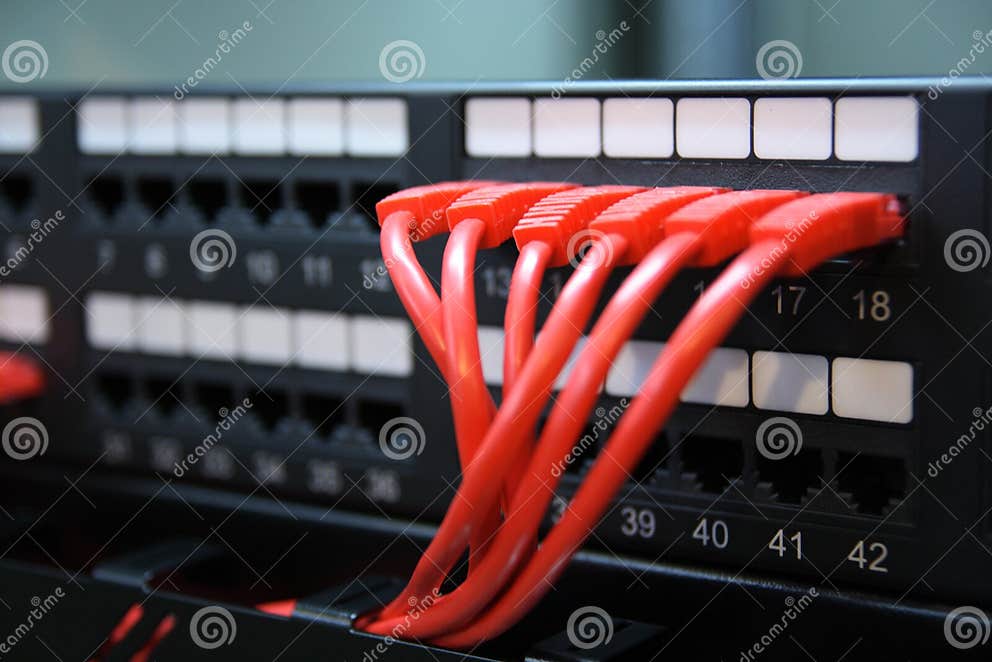 Network ports and wires. stock photo. Image of black,