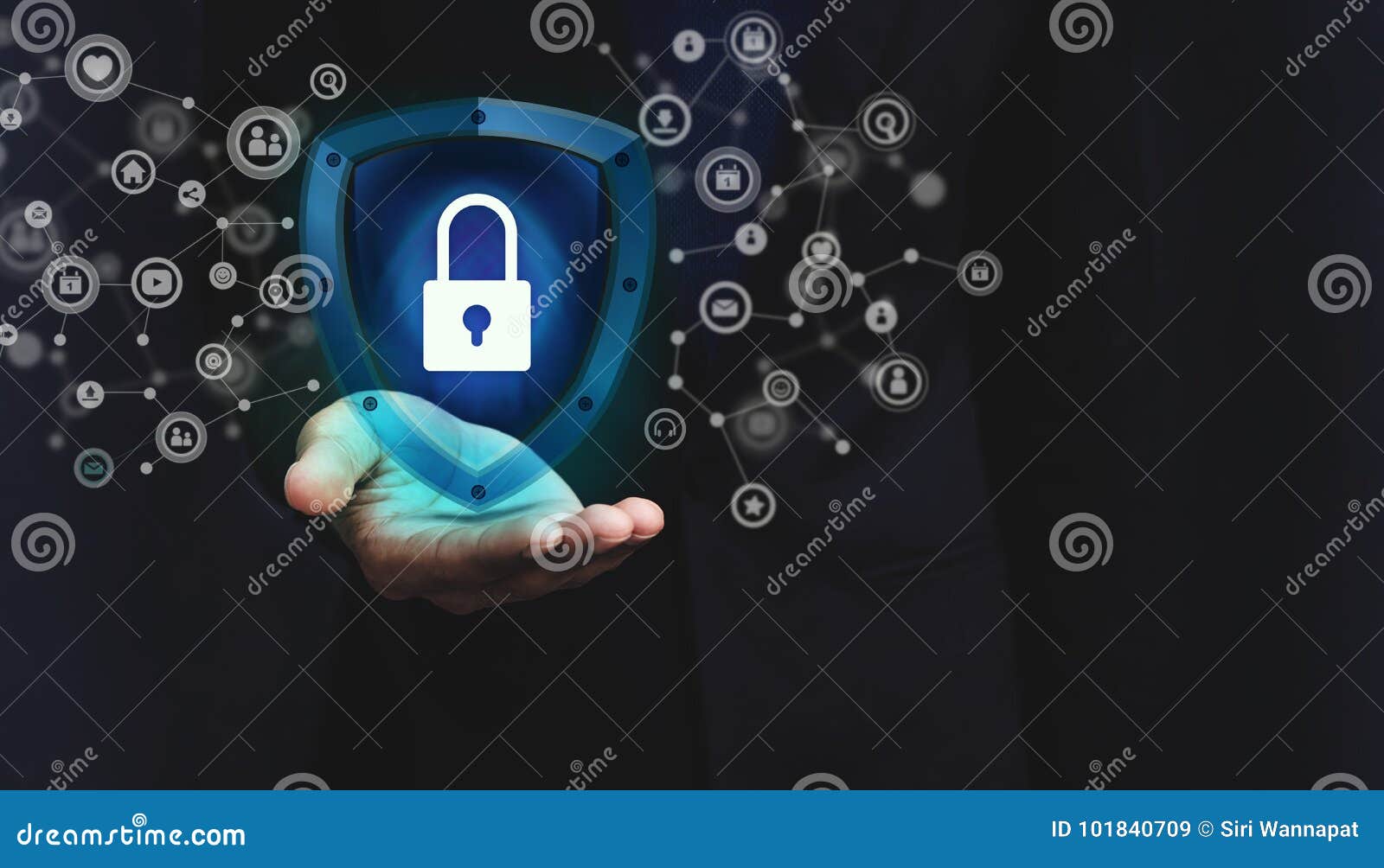 network security system concept, locked key inside a shield guard to protected identify or personal information from cyber attack