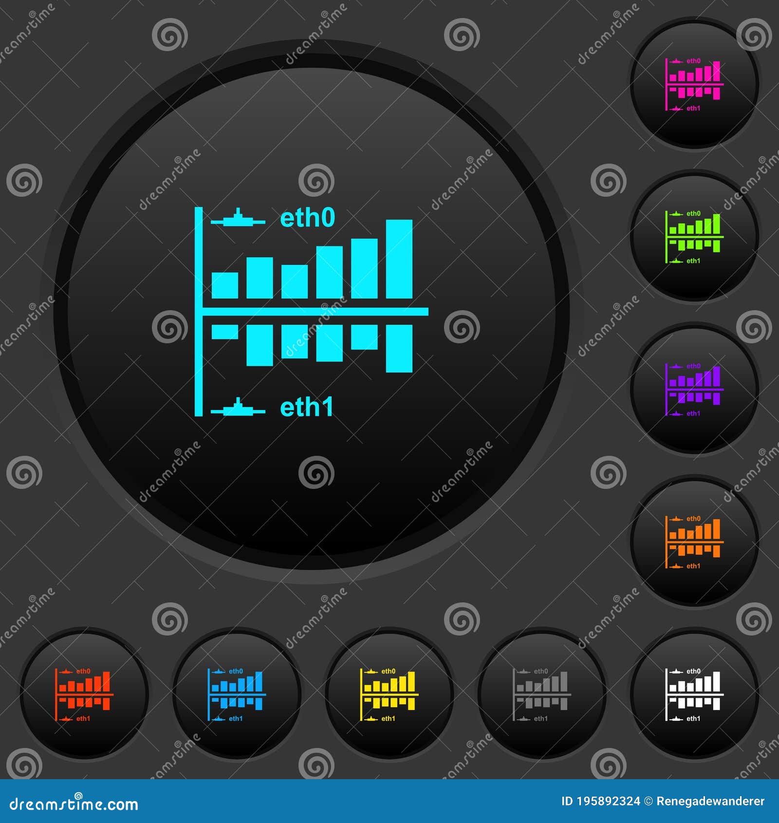 network statistics dark push buttons with color icons