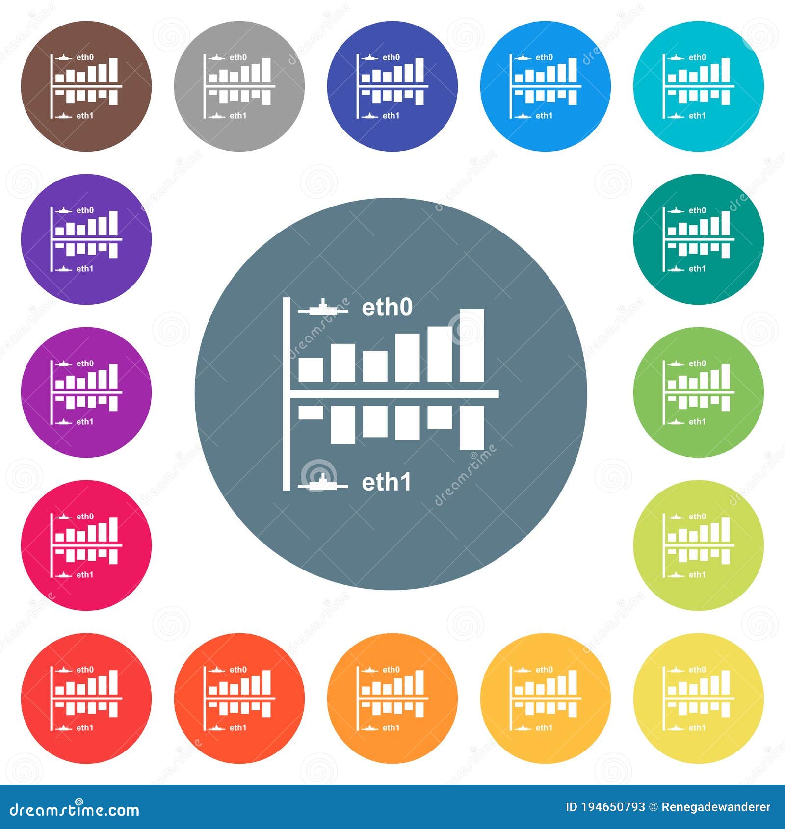 network statistics flat white icons on round color backgrounds