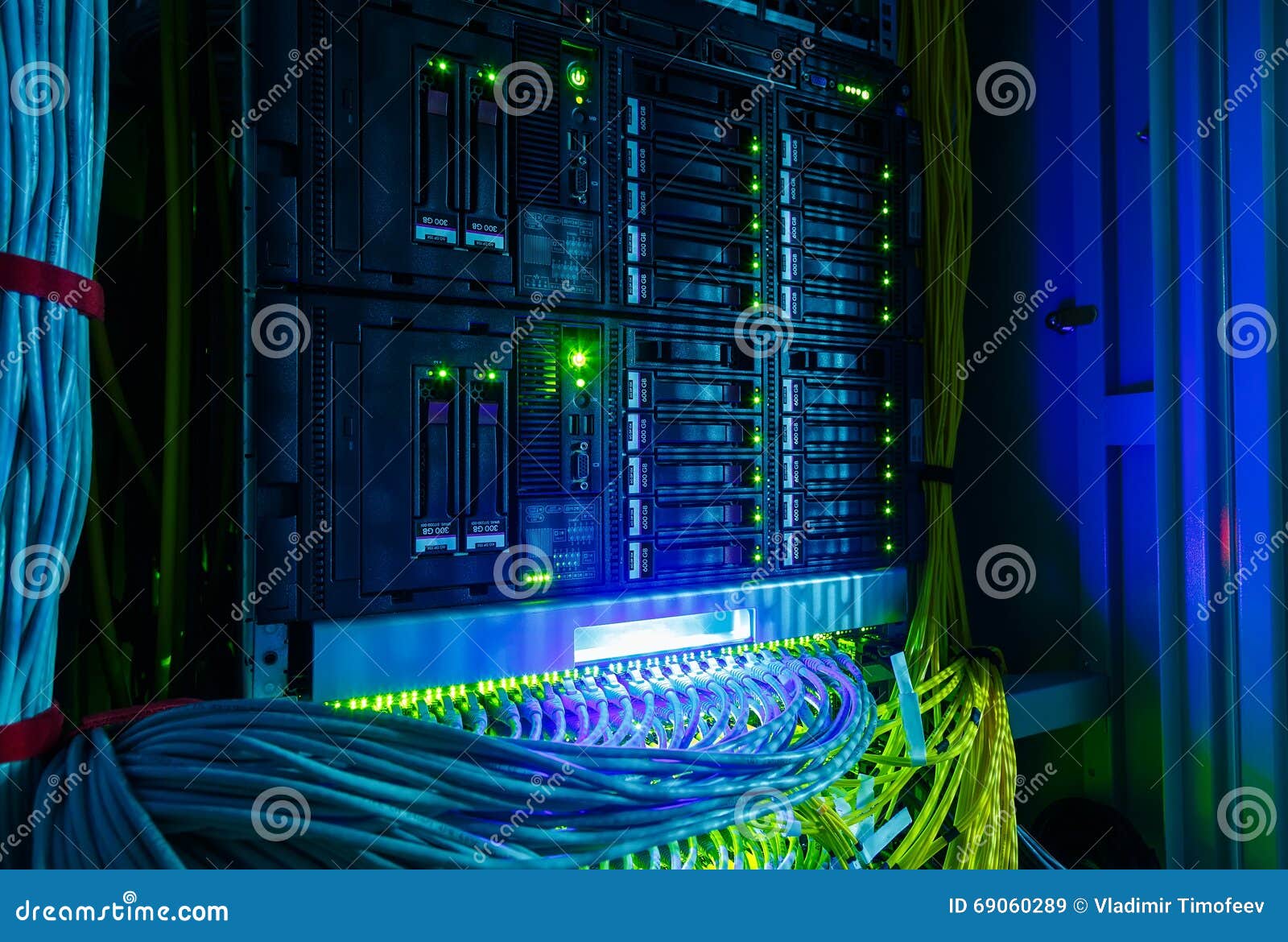network switch and utp ethernet cables close-up in the server room