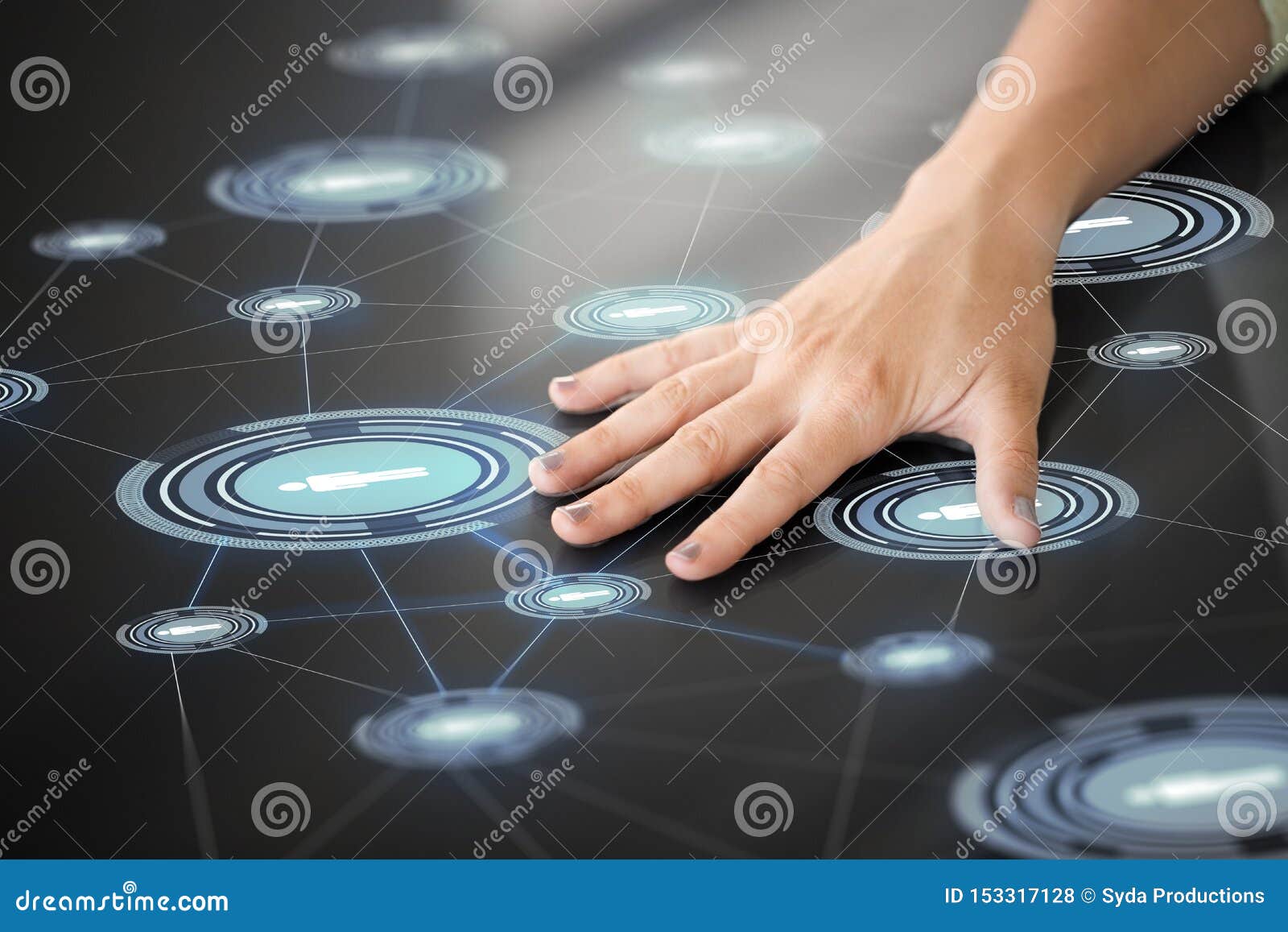 hand using interactive panel with network icons