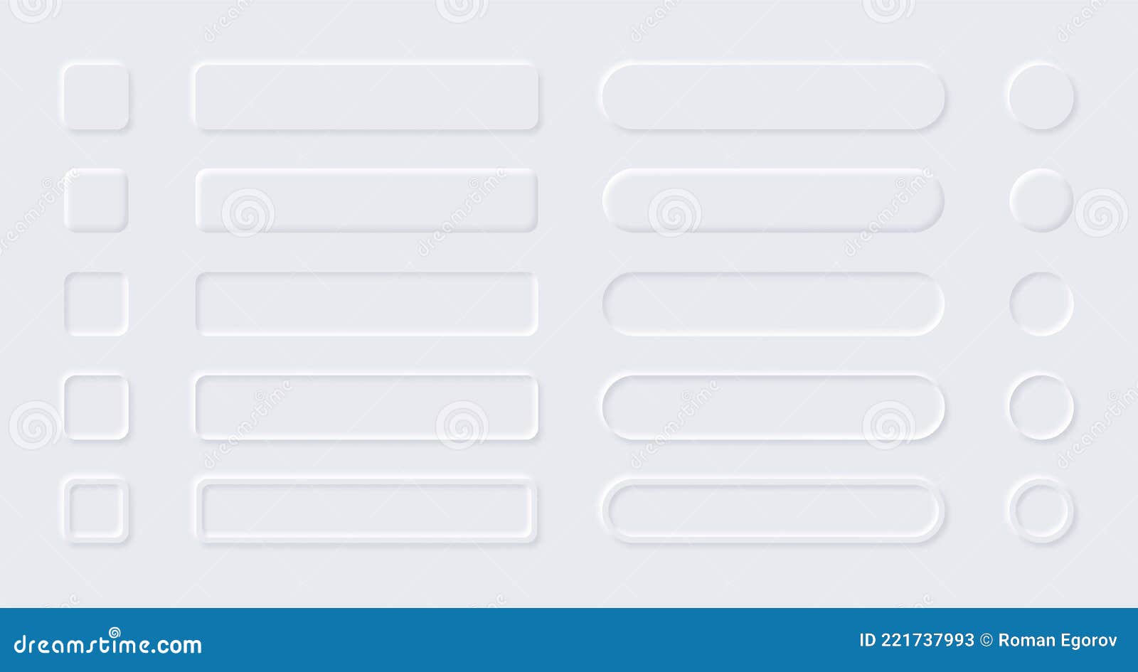 neumorphic ui buttons. modern minimal web layout with input fields. square or round interface s. white graphic
