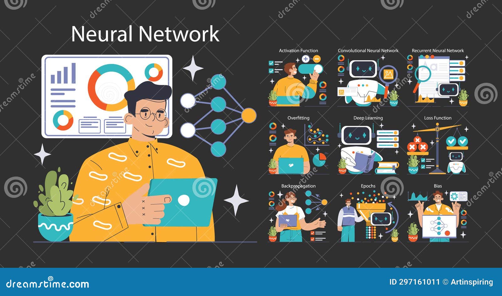 neural network dark or night mode set. machine learning key .