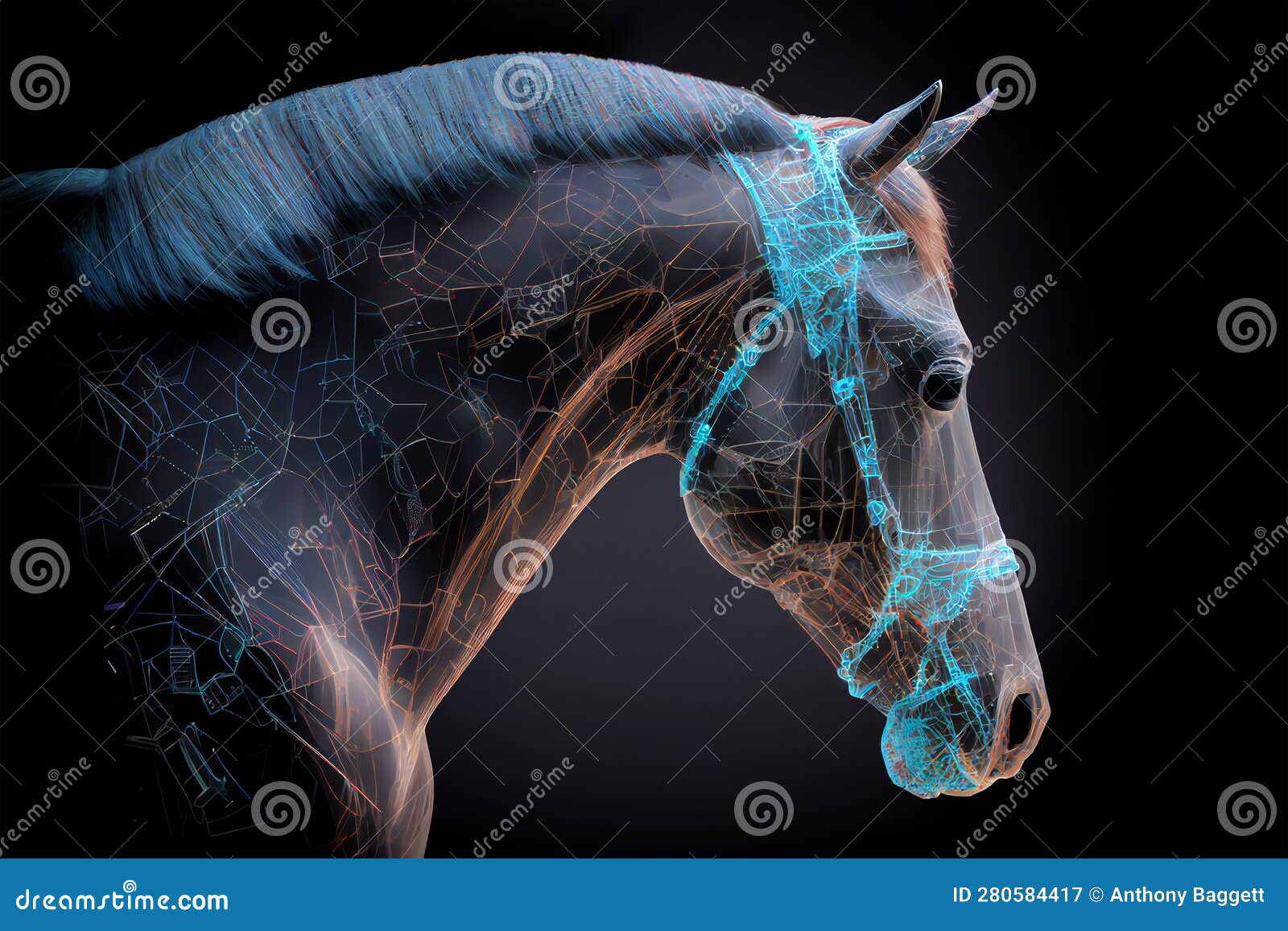 neural network of a horse with big data and artificial intelligence circuit board in the head of the equine animal, outlining