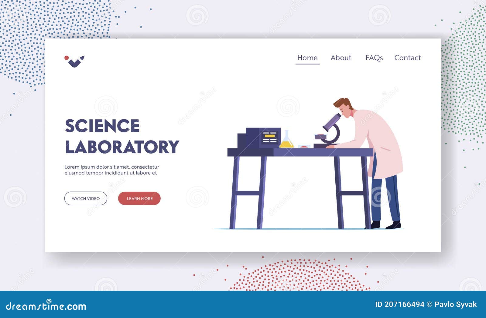neurobiology, chemical laboratory research landing page template. male scientist character working in lab with equipment