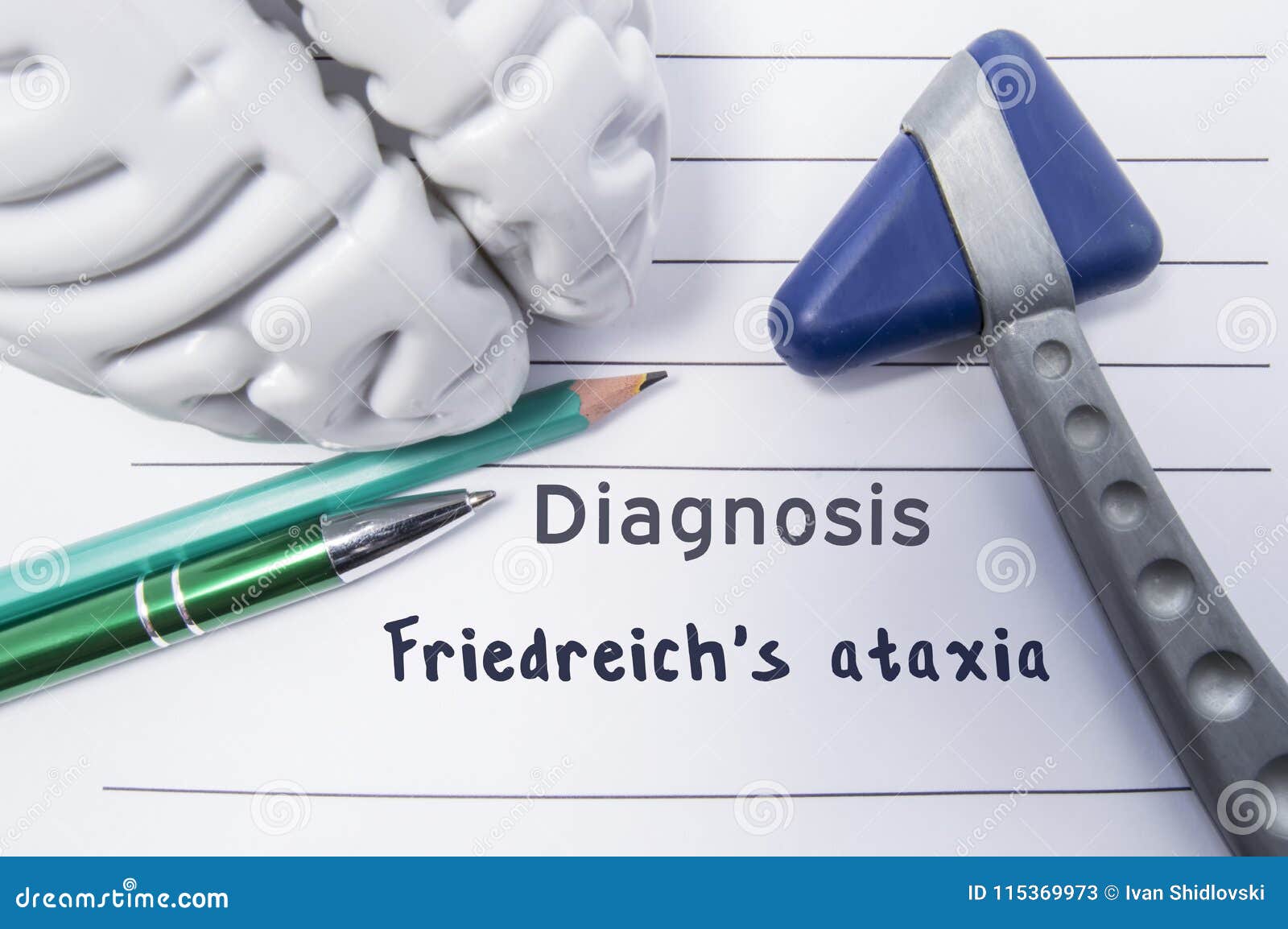 neurological diagnosis of friedreichs ataxia. neurological hammer,  of brain, pen and pencil the lying on medical report, lab