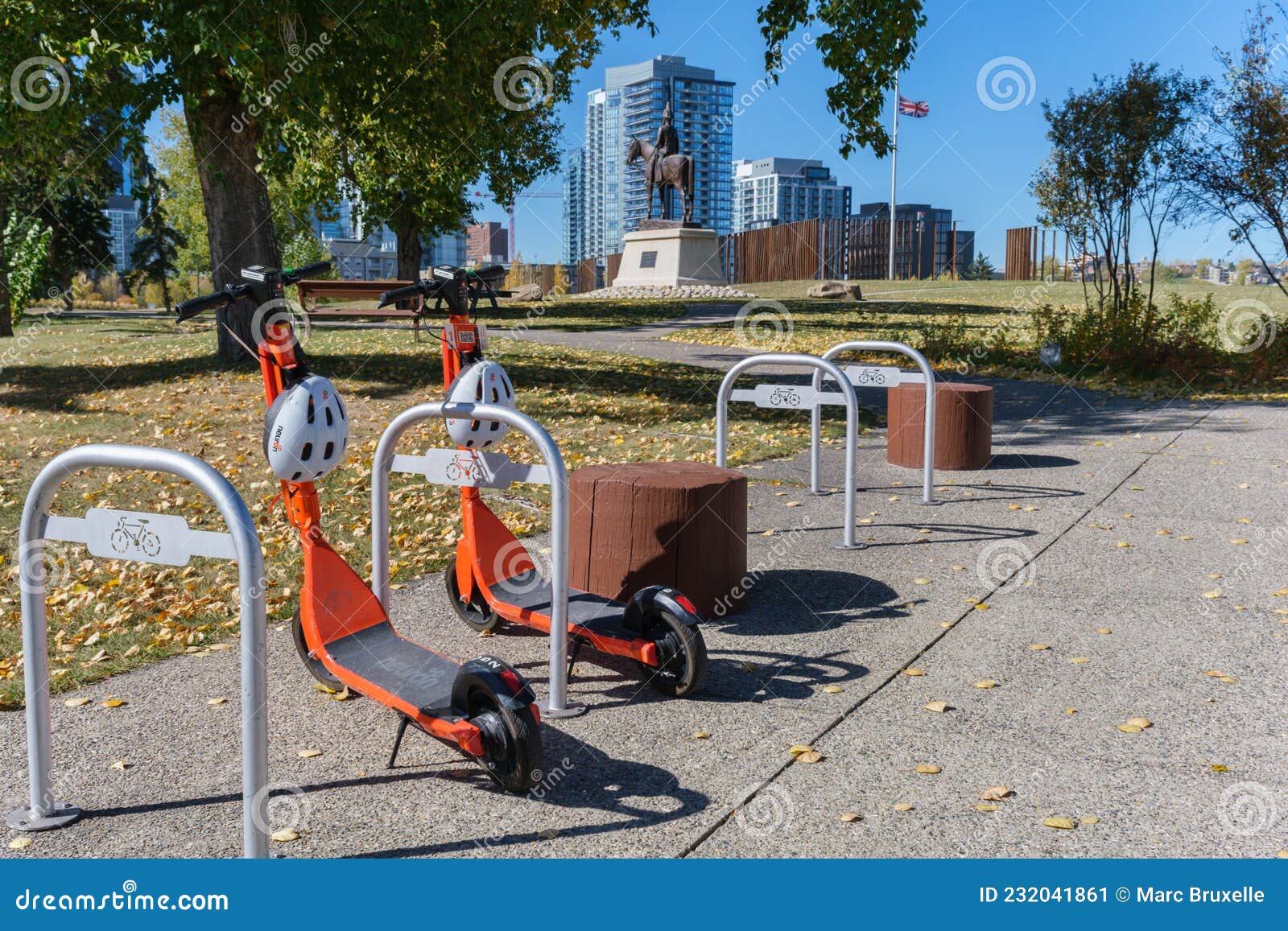 Neuron Electric Scooters Parked At A Rack In Calgary, Canada Editorial