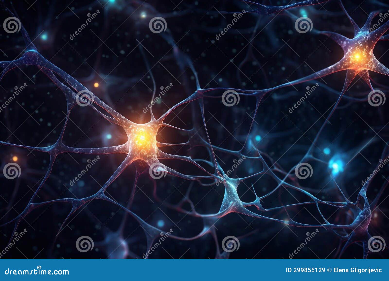 Neurons Cells with Glowing in Human Brain Synapses Nervous System