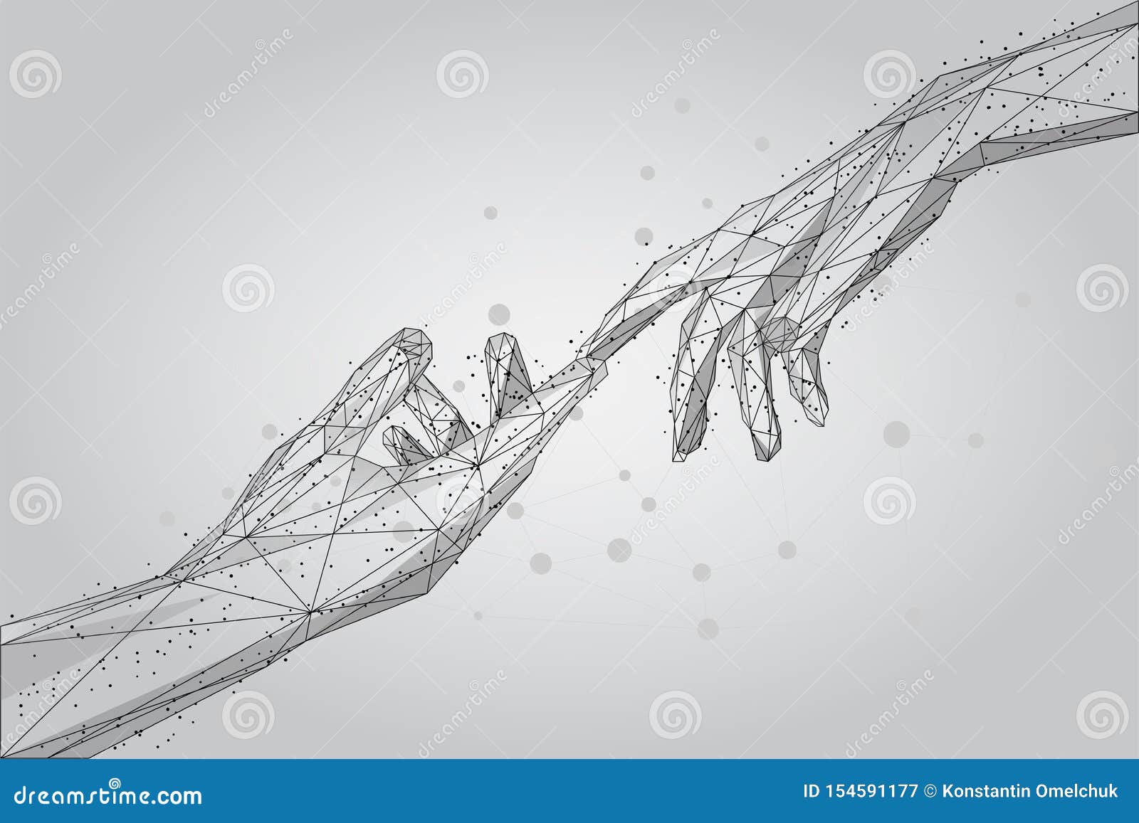 low poly wireframe human hands touching with fingers from lines, triangles and particles.