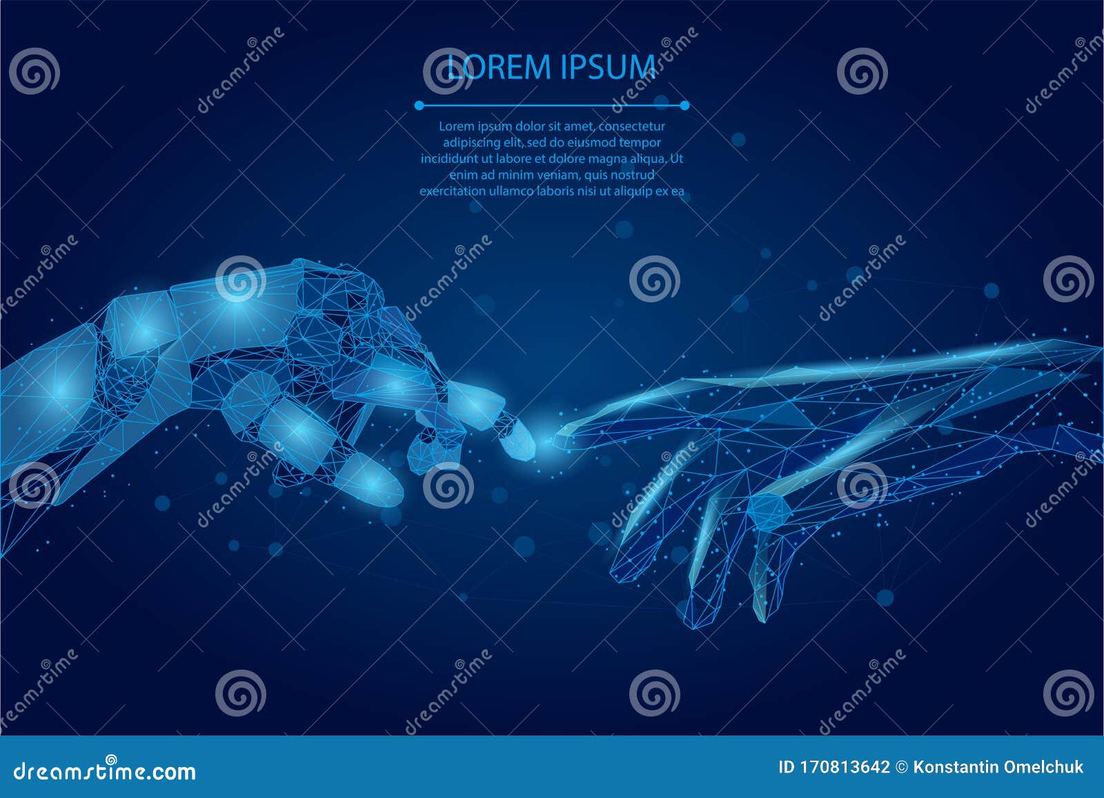 abstract mash line and point low poly wireframe human and robot hands touching with fingers. polygonal artificial intelligence 3d