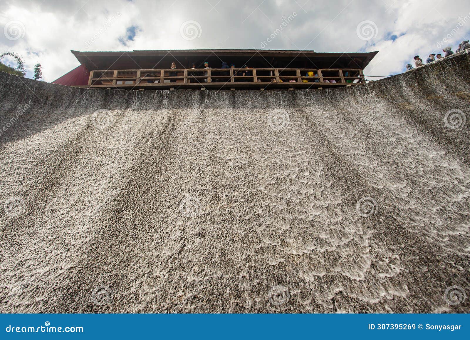 a new artificial waterfall tourist attraction in the dusun bambu tourist area in bandung, west java, indonesia.