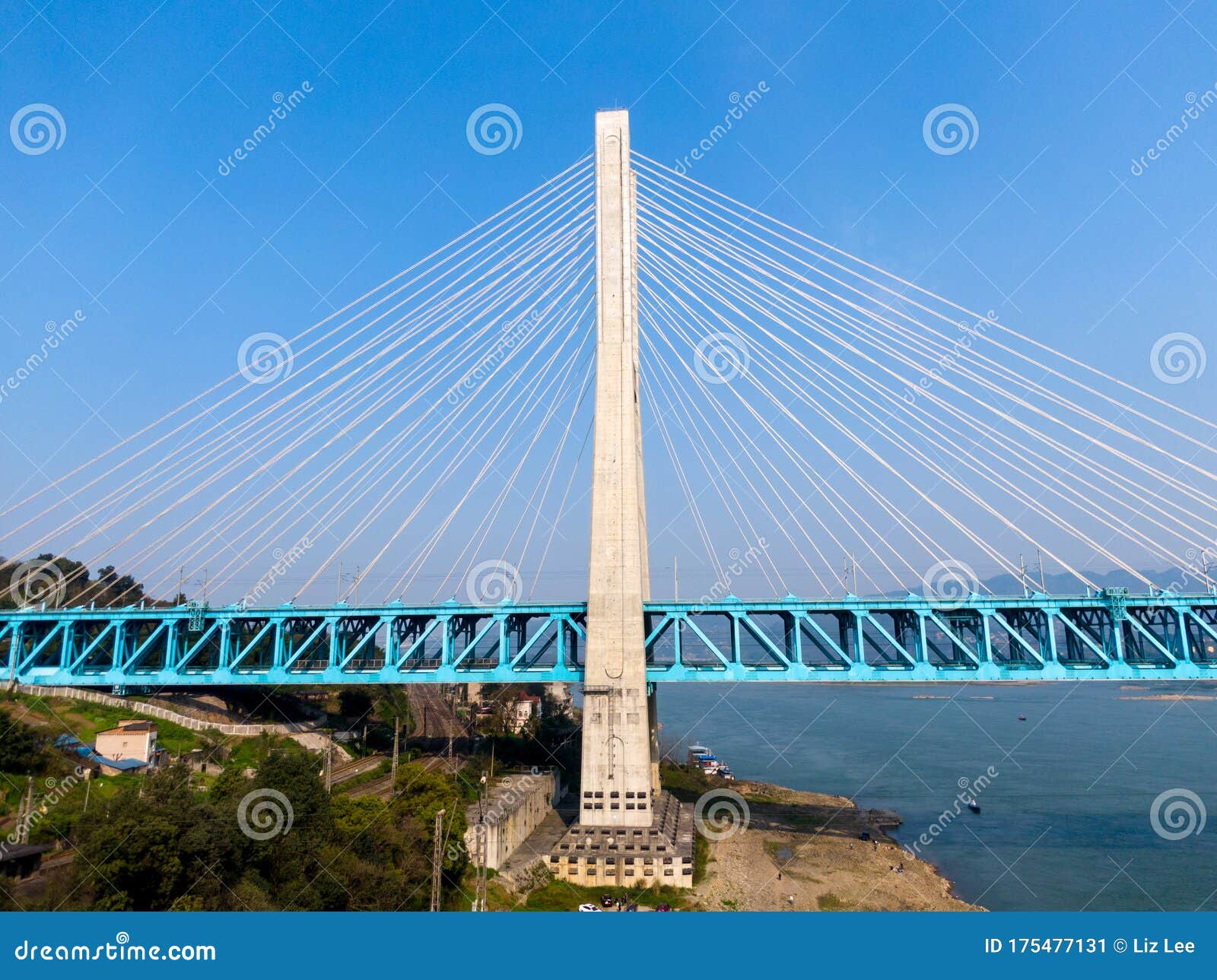 new baishatuo yangtze river railway bridge under blue sky