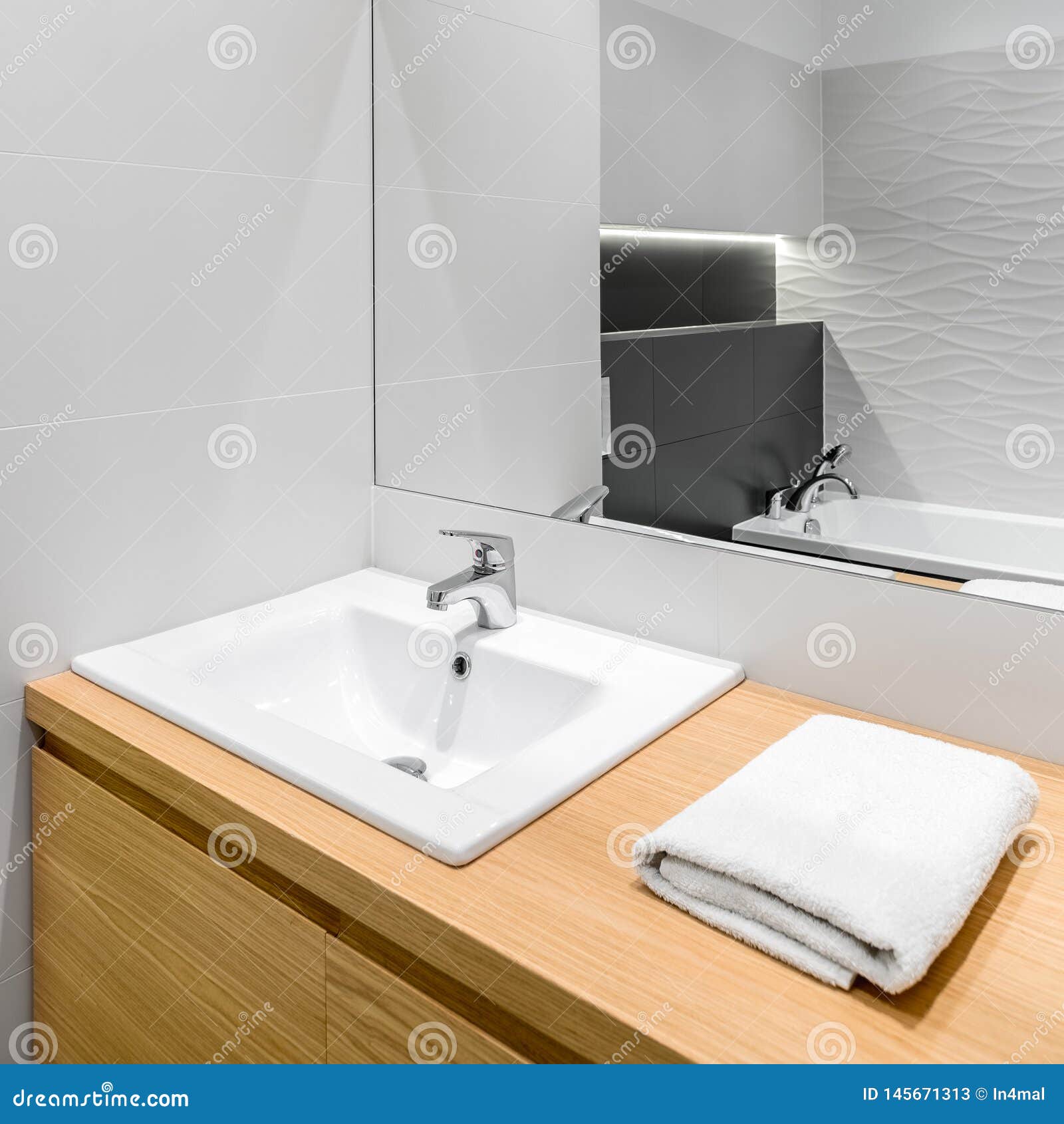 New Bathroom With Wooden Cabinet Stock Image Image Of Faucet