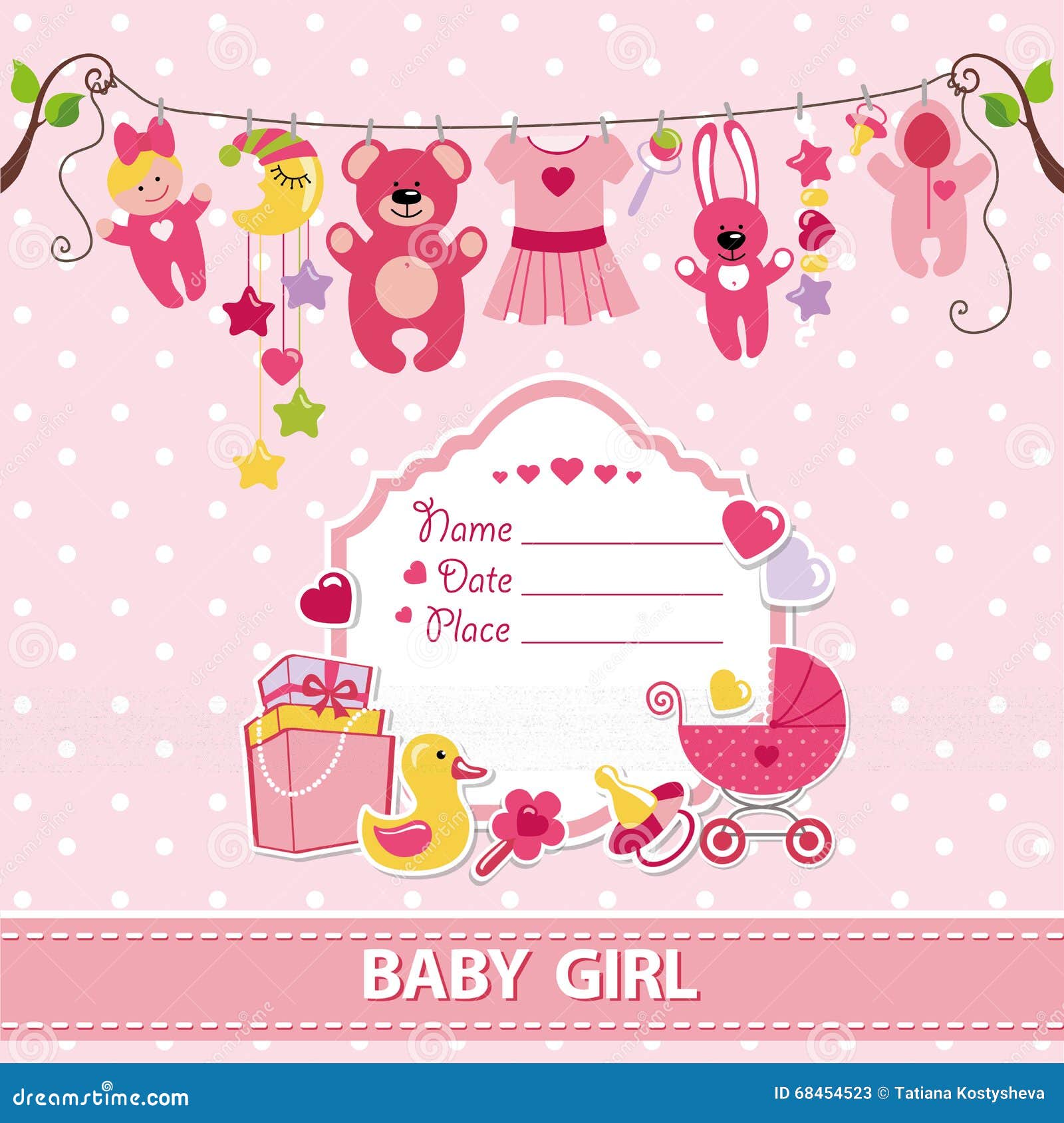 new born baby girl card shower invitation template flat elements hanging rope label stork vector scrapbook decor greeting 68454523