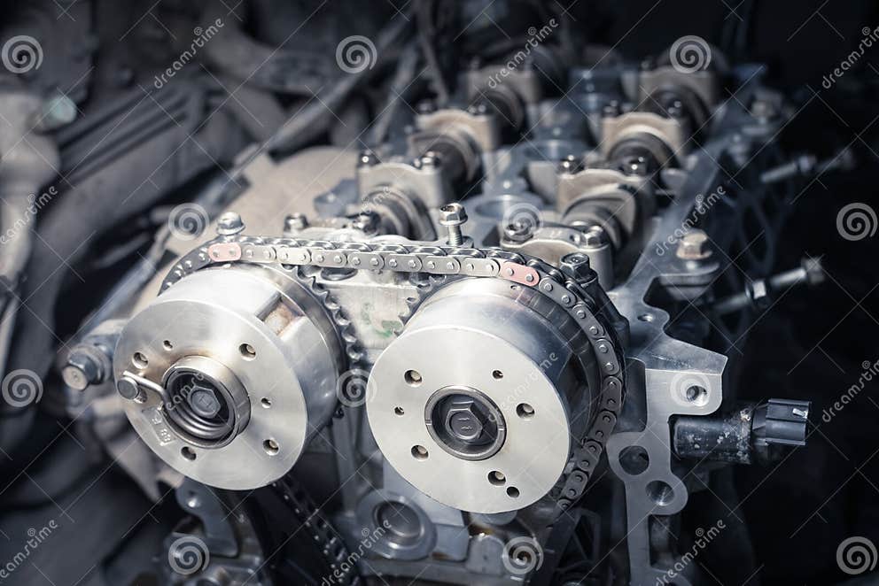 New Car Timing Chain on a Disassembled Engine in a Car Stock