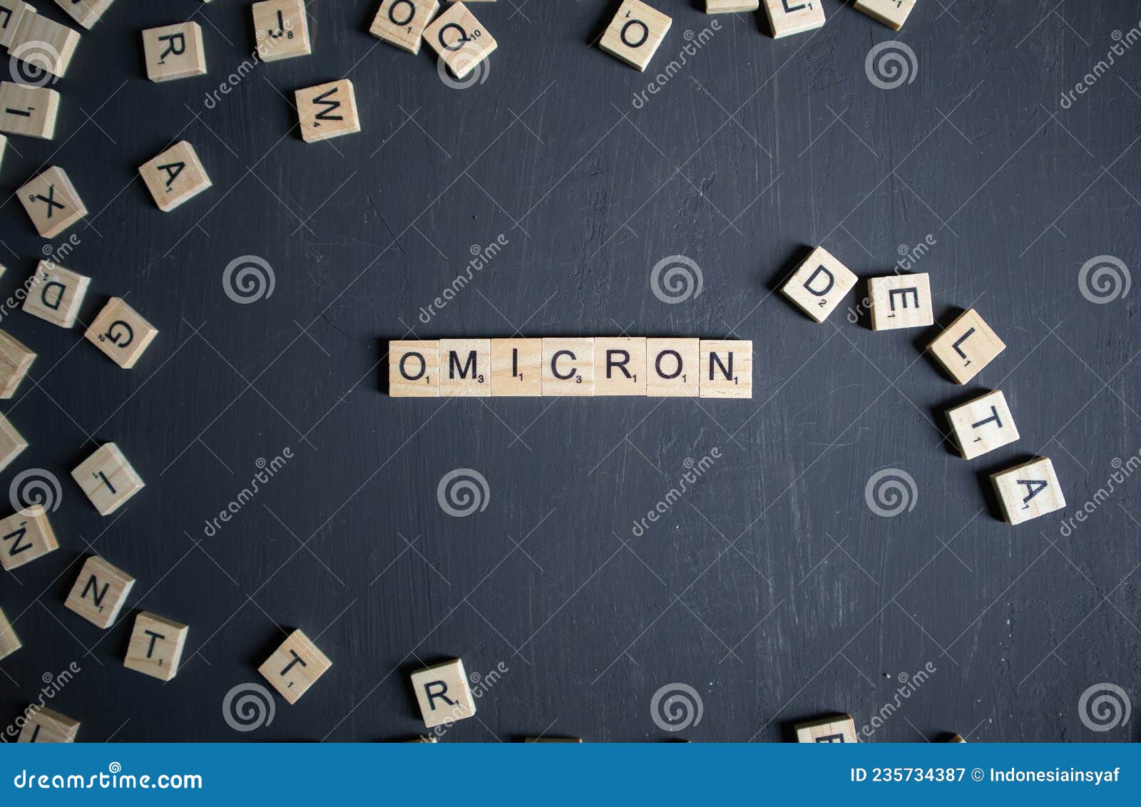the word omicron written with wooden cube letters