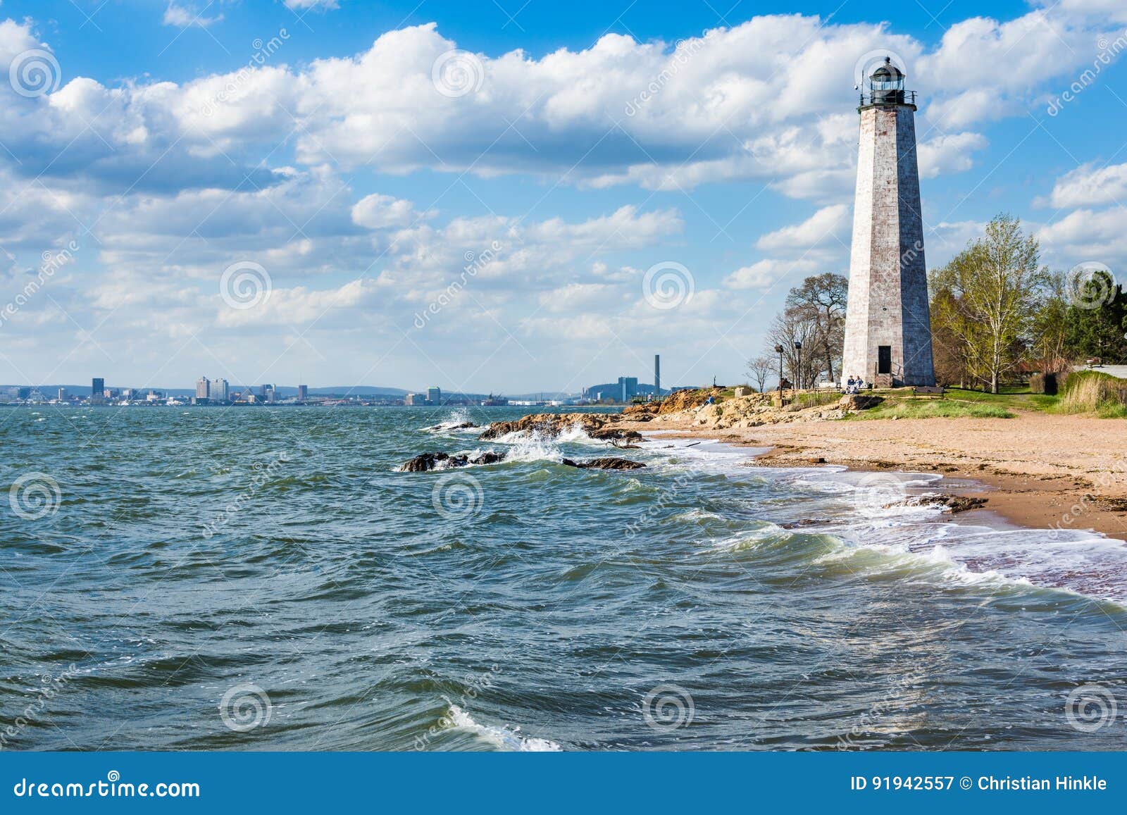 new england lighthouse in lighthouse point park in new haven con