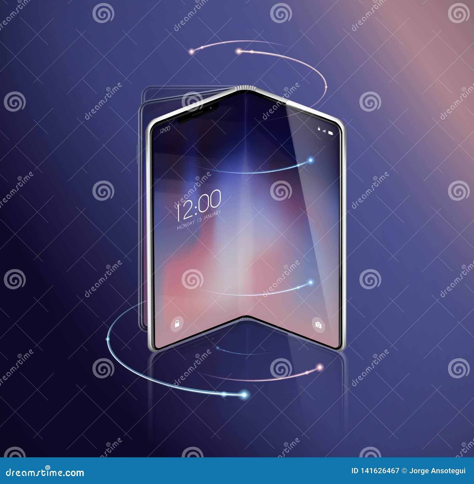 new foldable smartphone concept, prototype with advertisment background and fold, flexible screen. mobile with background and fold