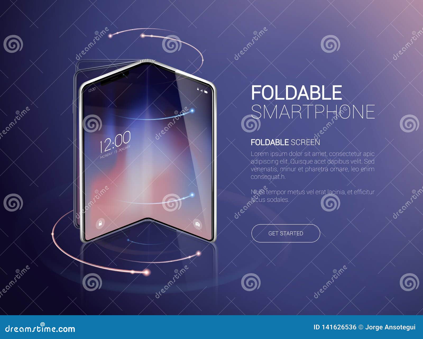 new foldable smartphone concept, prototype with advertisment background and fold, flexible screen. mobile with background and fold