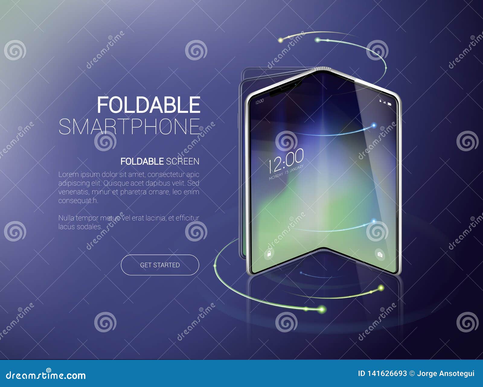 new foldable smartphone concept, prototype with advertisment background and fold, flexible screen. mobile with background and fold