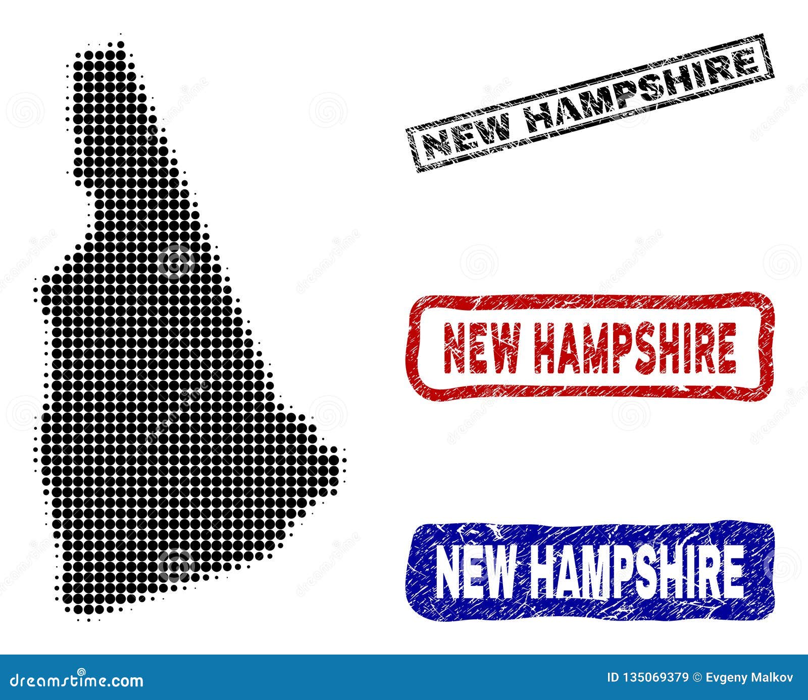 New Hampshire State Map in Halftone Dot Style with Grunge Caption