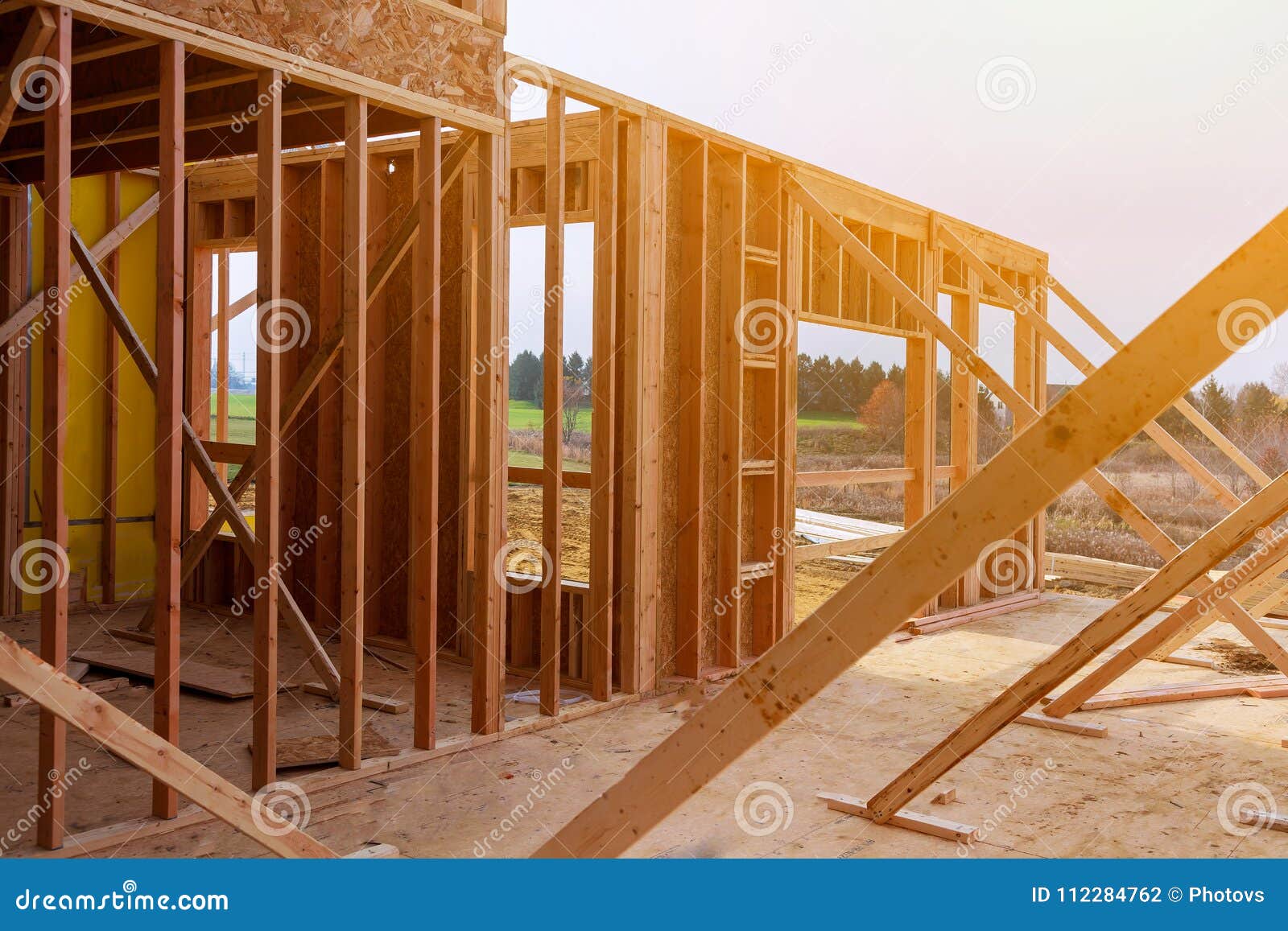New Home Construction of a Cement Block Home with Wooden Roof Stock