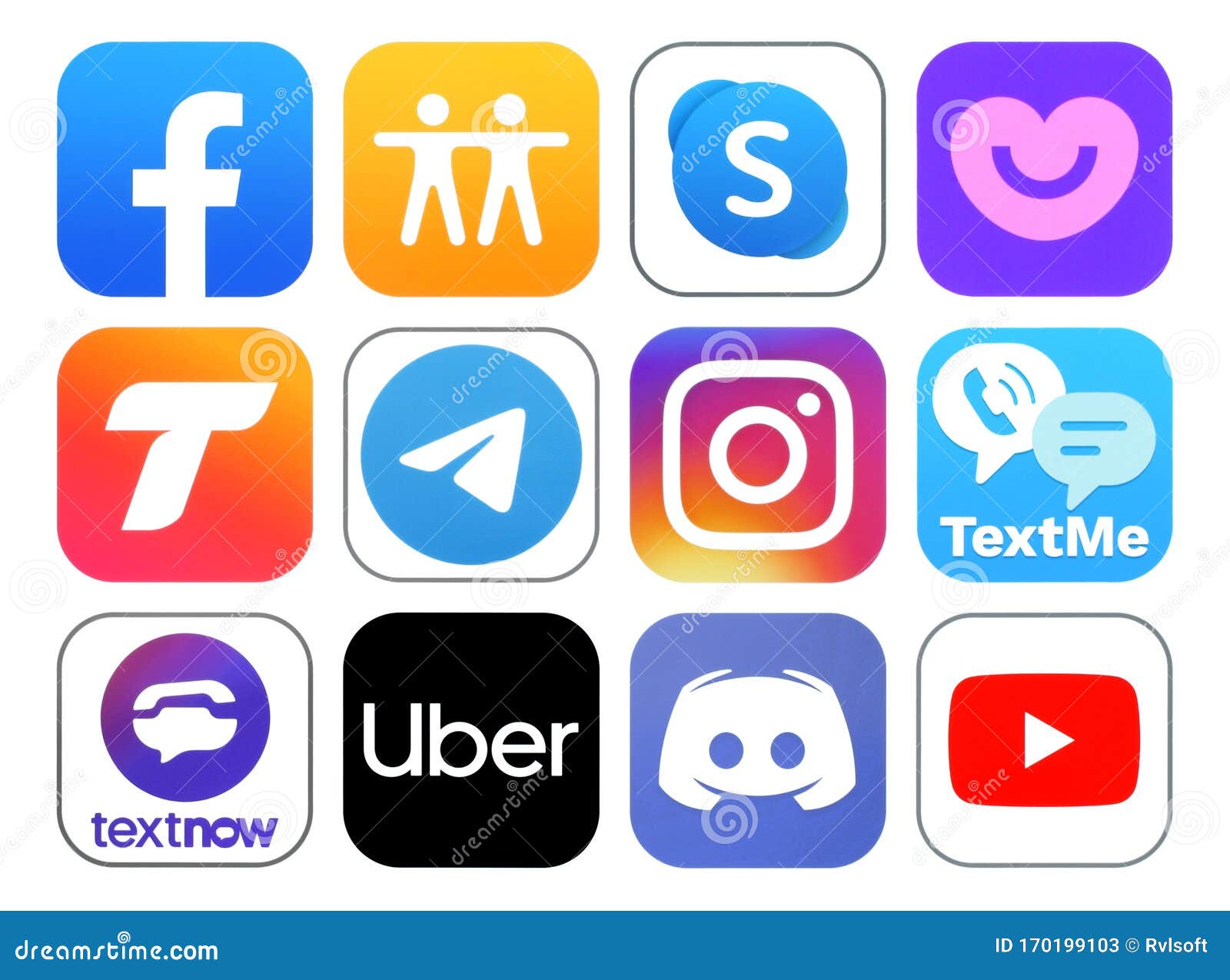 New Icons of Popular Social Media Apps Such As: Facebook, Find My Friends,  Badoo Dating, Skype, Telegram, Instagram, TextMe and Editorial Stock Photo  - Image of dating, brand: 170199103