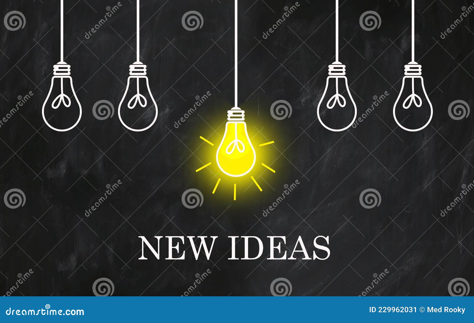 new ideas phrase with light bulbs on creative chalkboard
