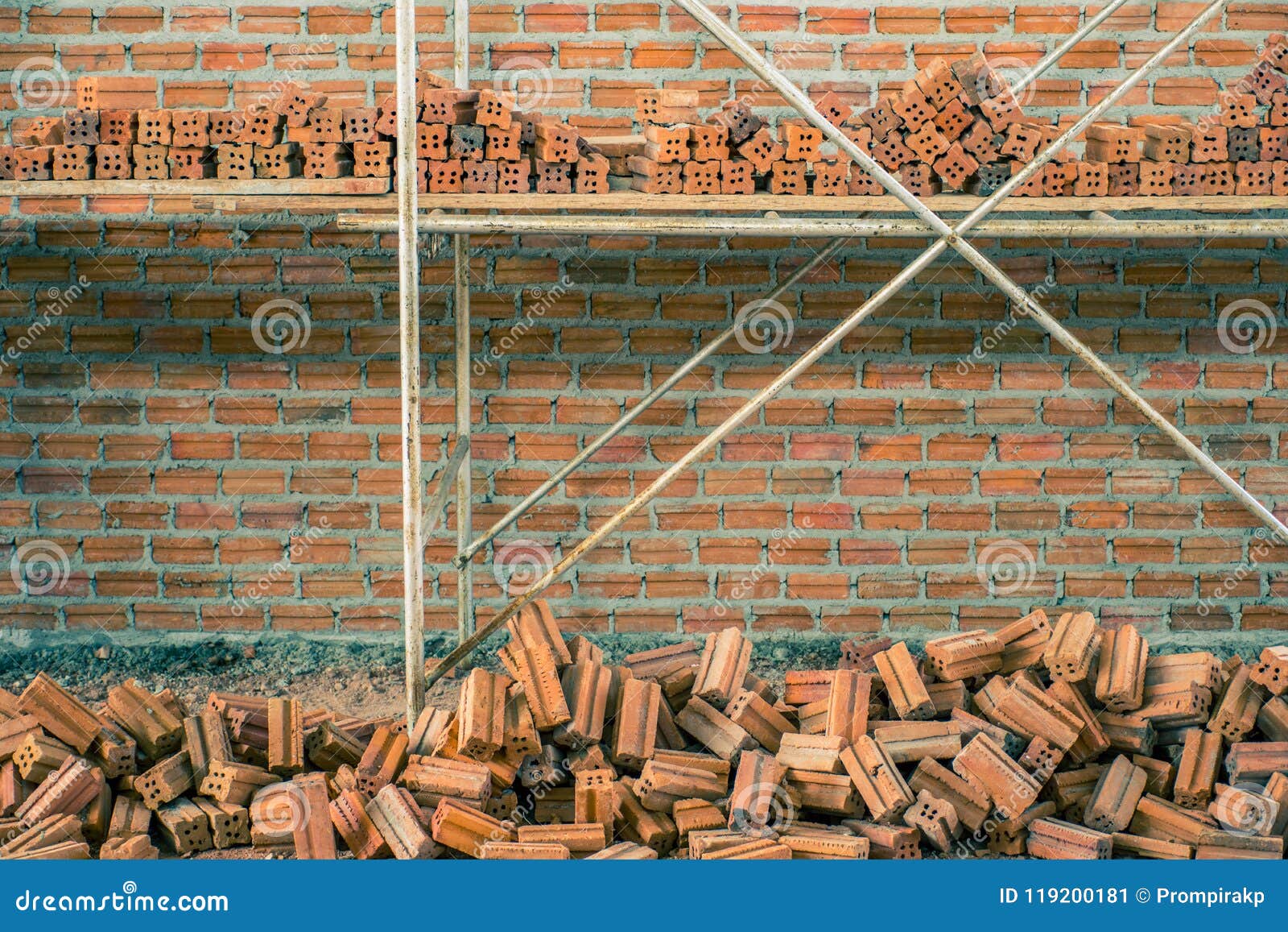New Interior Red Brick Wall with Scaffolding Under Construction Stock