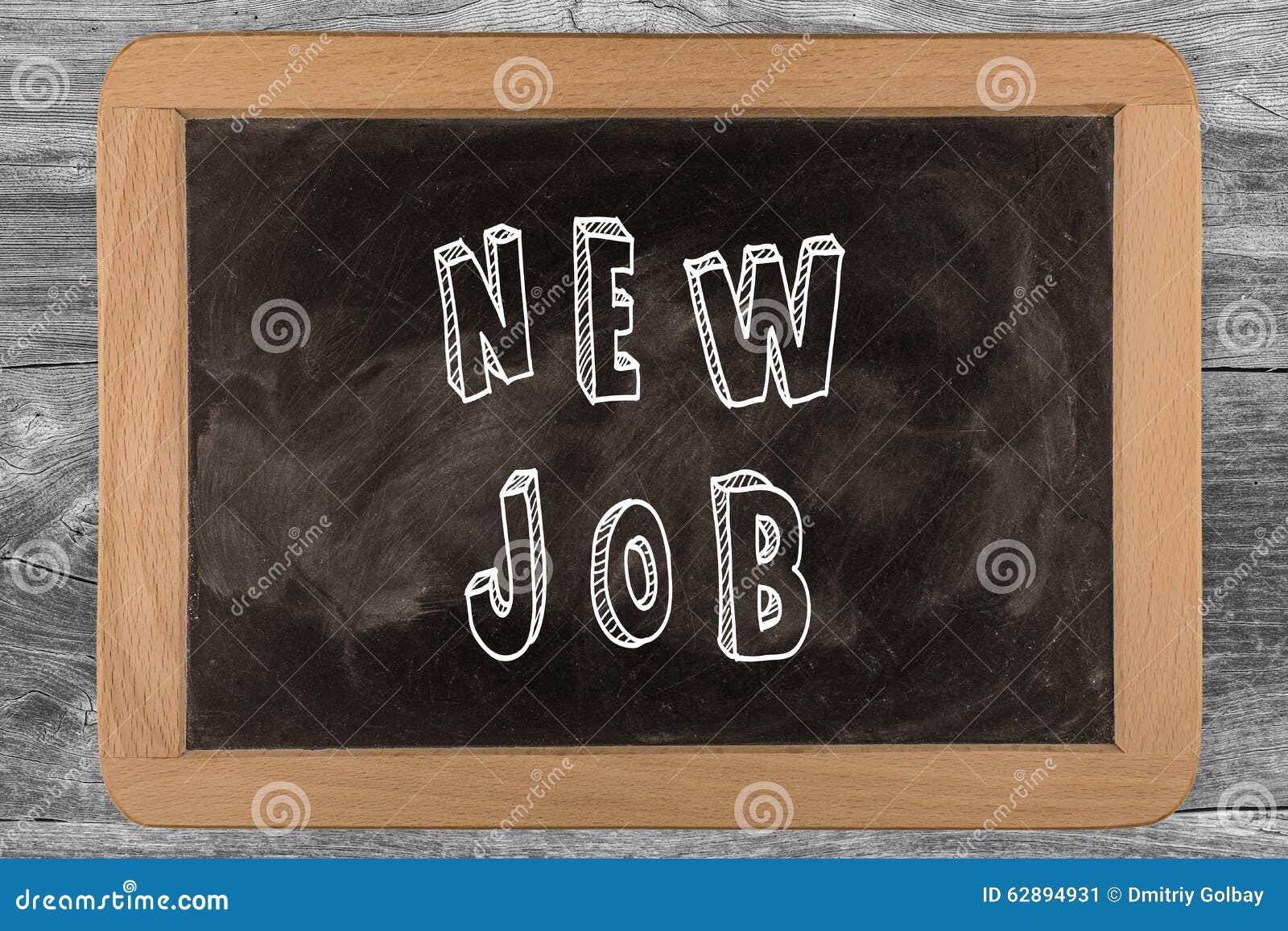 New Job Chalkboard with 3D Outlined Text on Wood Stock Image
