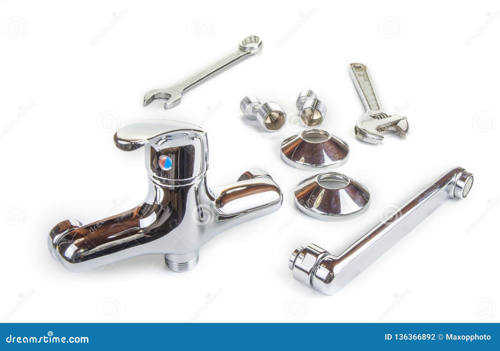 New Kitchen Faucet With Wrenches Plumber Concept Stock Photo