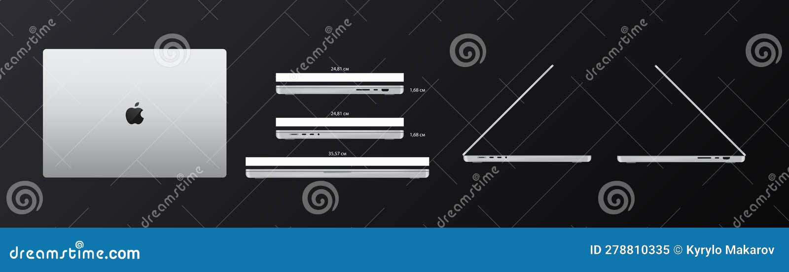 New MacBook Pro with Size. Apple Macbook M1 Pro. by Apple Corporate. Template with Front, Back