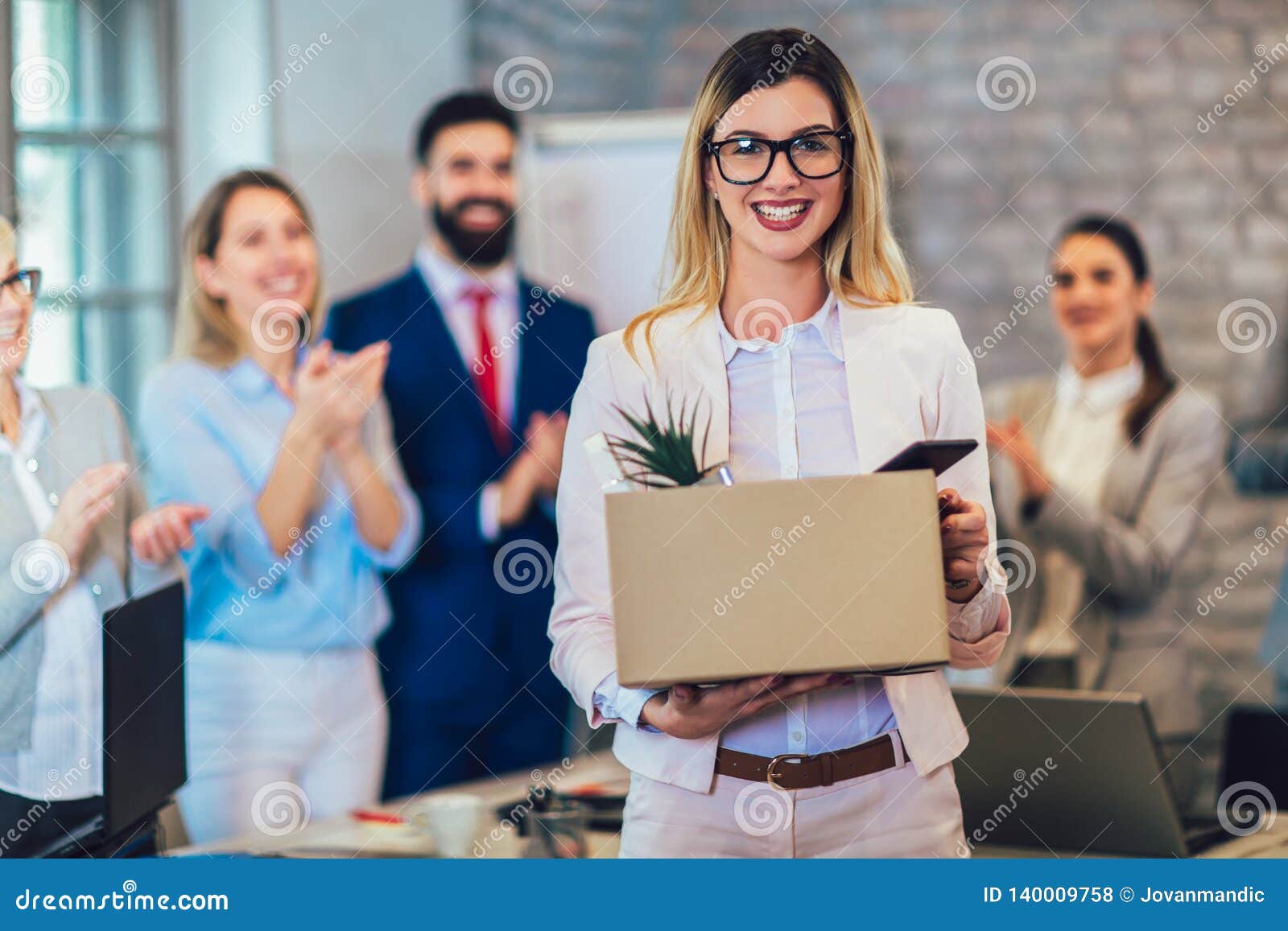 new member of team, newcomer, applauding to female employee, congratulating office worker with promotion