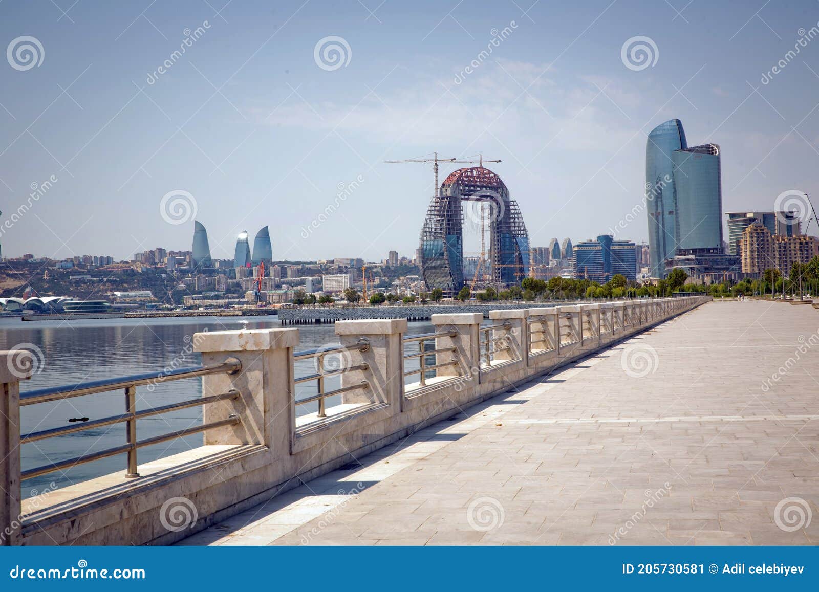 caspian bay boulvard in baku, azerbaijan. national seaside park in baku.the entrance to the port is closed, according to covid 19