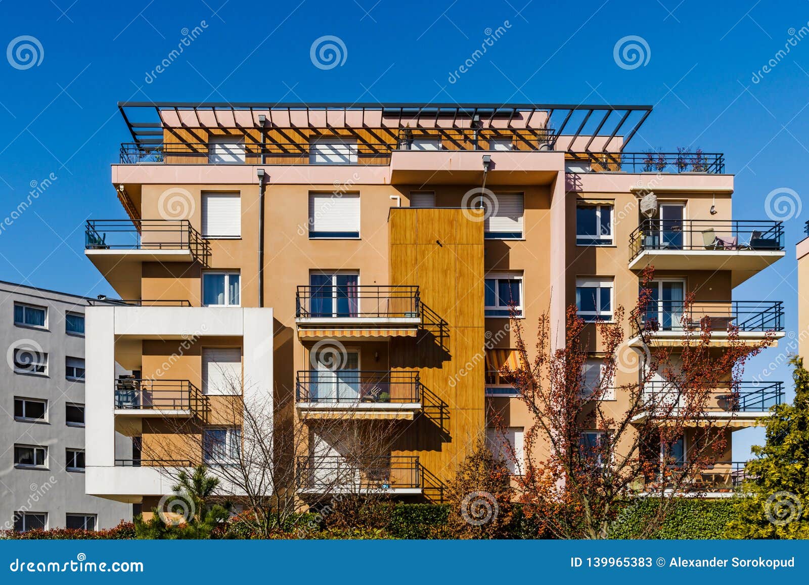 new modern comfortable apartments street view, sunny day